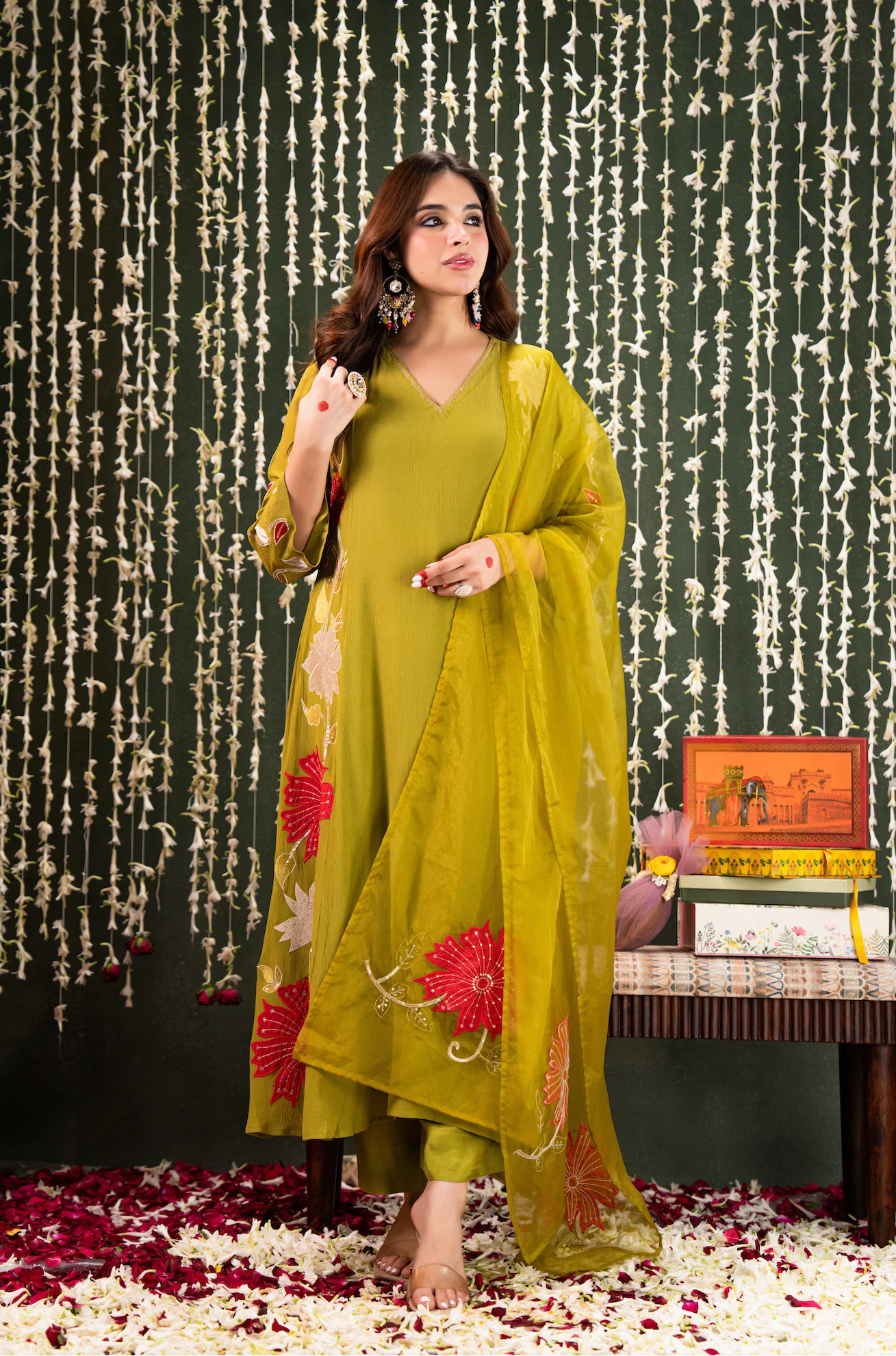 Olive Aura Crush Chanderi Suit Set - Image 2