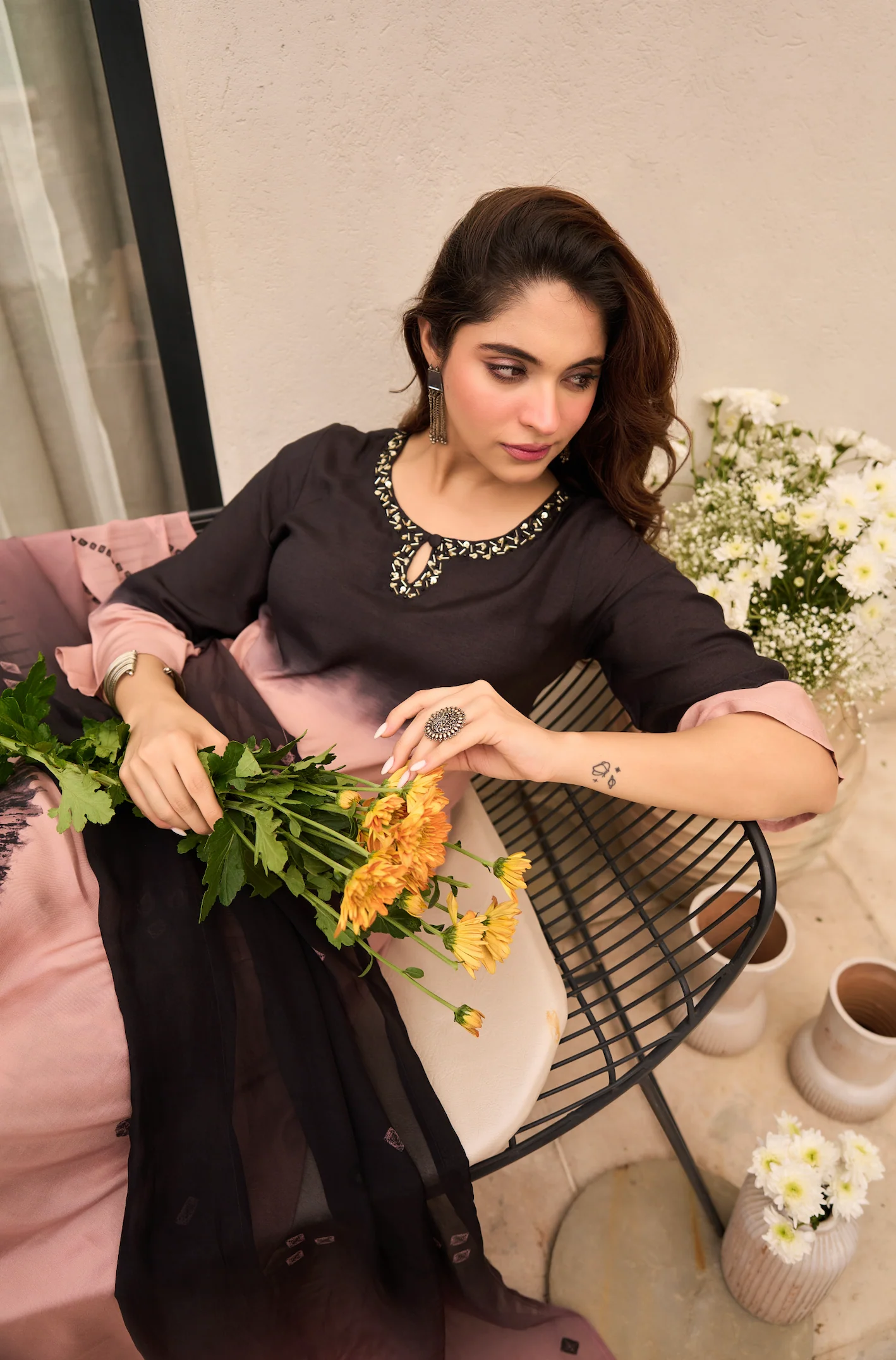 Charcoal Bloom Muslin Suit Set - Image 15