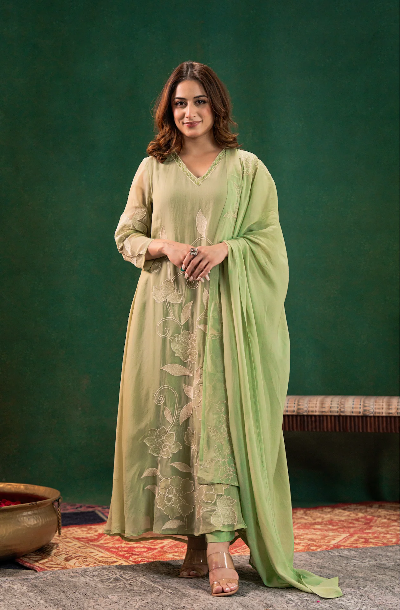 Pistachio Pearl Silk Suit Set - Image 2