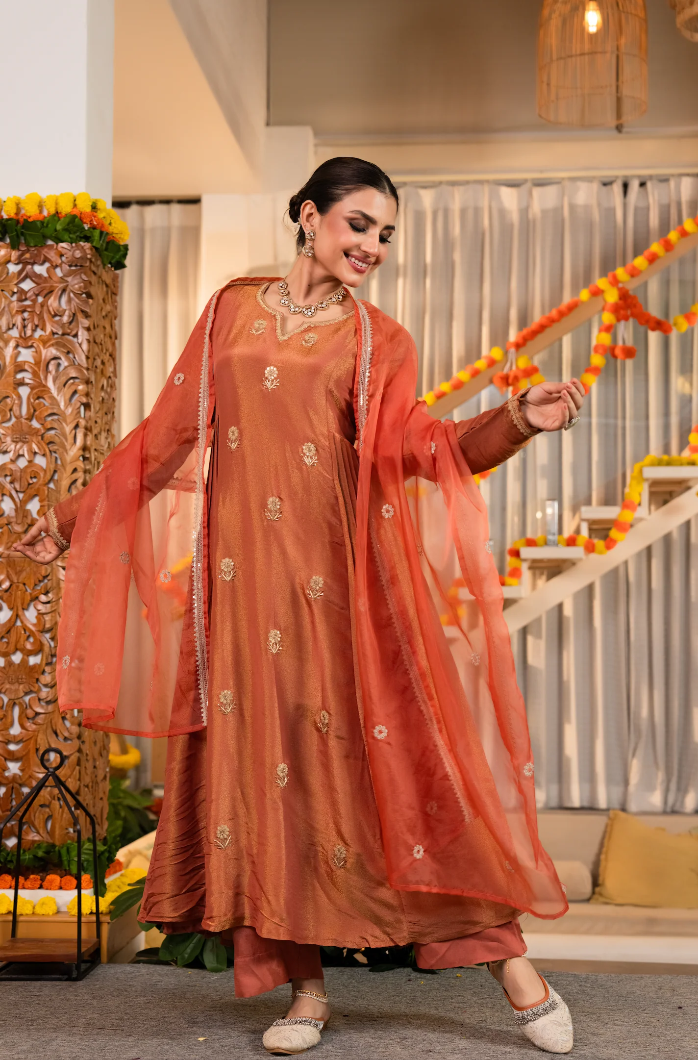 Warm Coral-Peach Nazakat Tissue Suit Set - Image 4