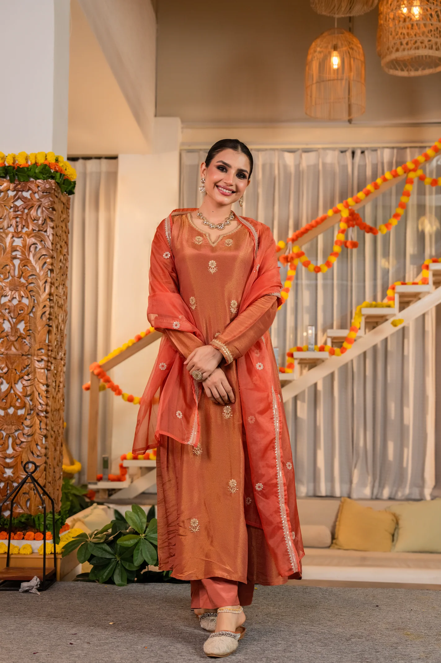 Warm Coral-Peach Nazakat Tissue Suit Set - Image 6
