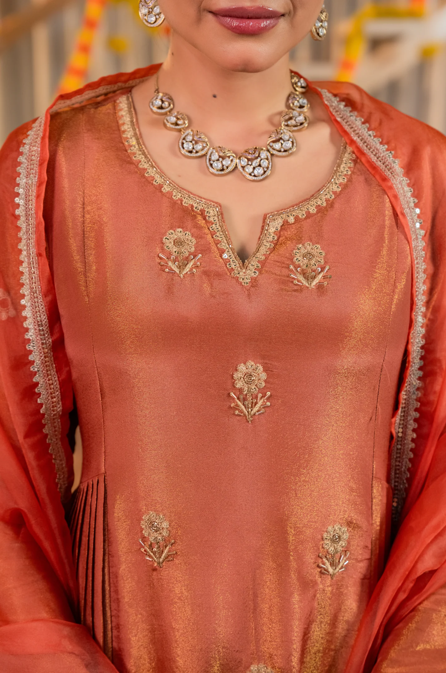 Warm Coral-Peach Nazakat Tissue Suit Set - Image 9