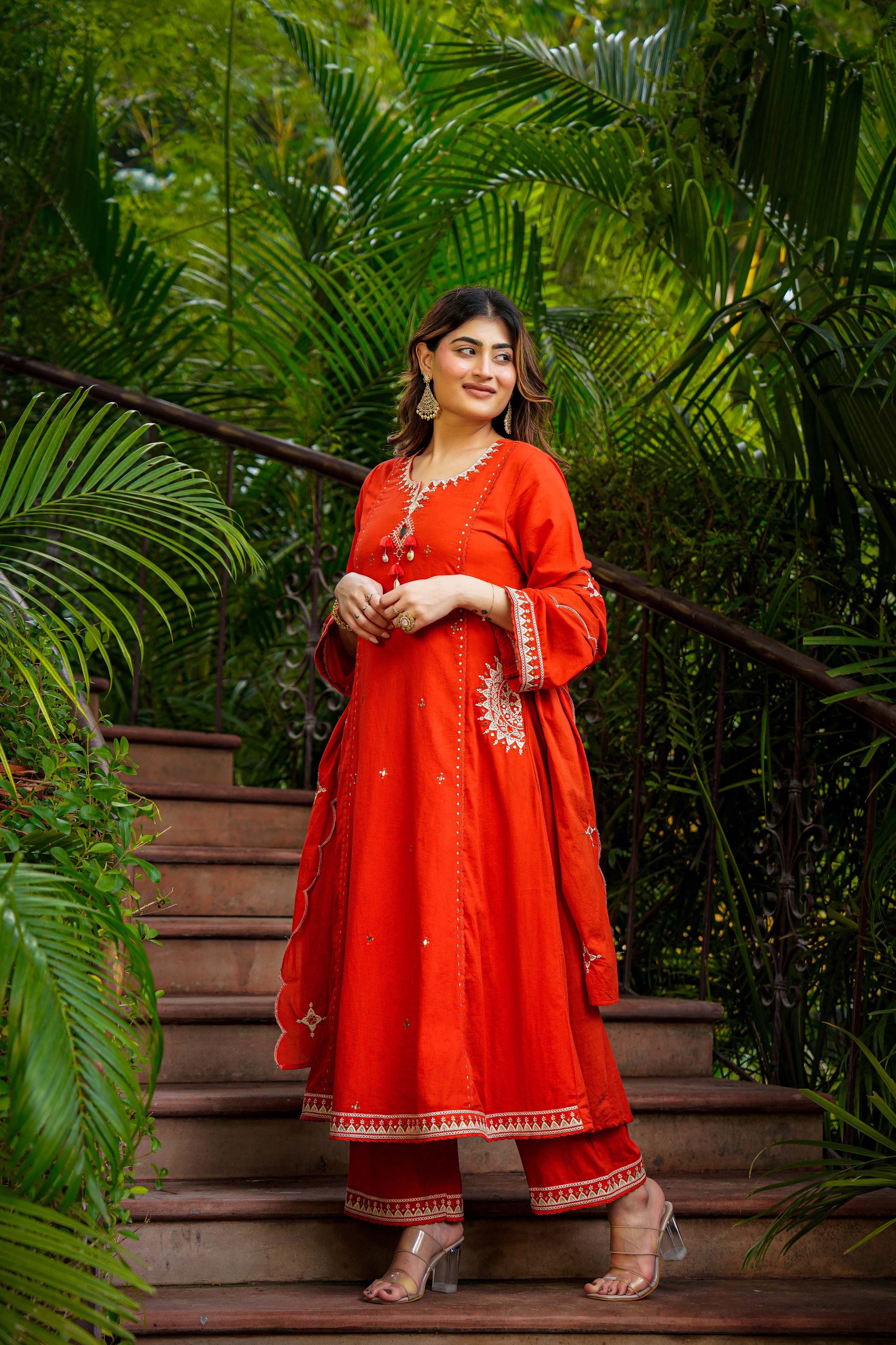 Rust Bloom Flared Mul Cotton Suit Set - Image 8