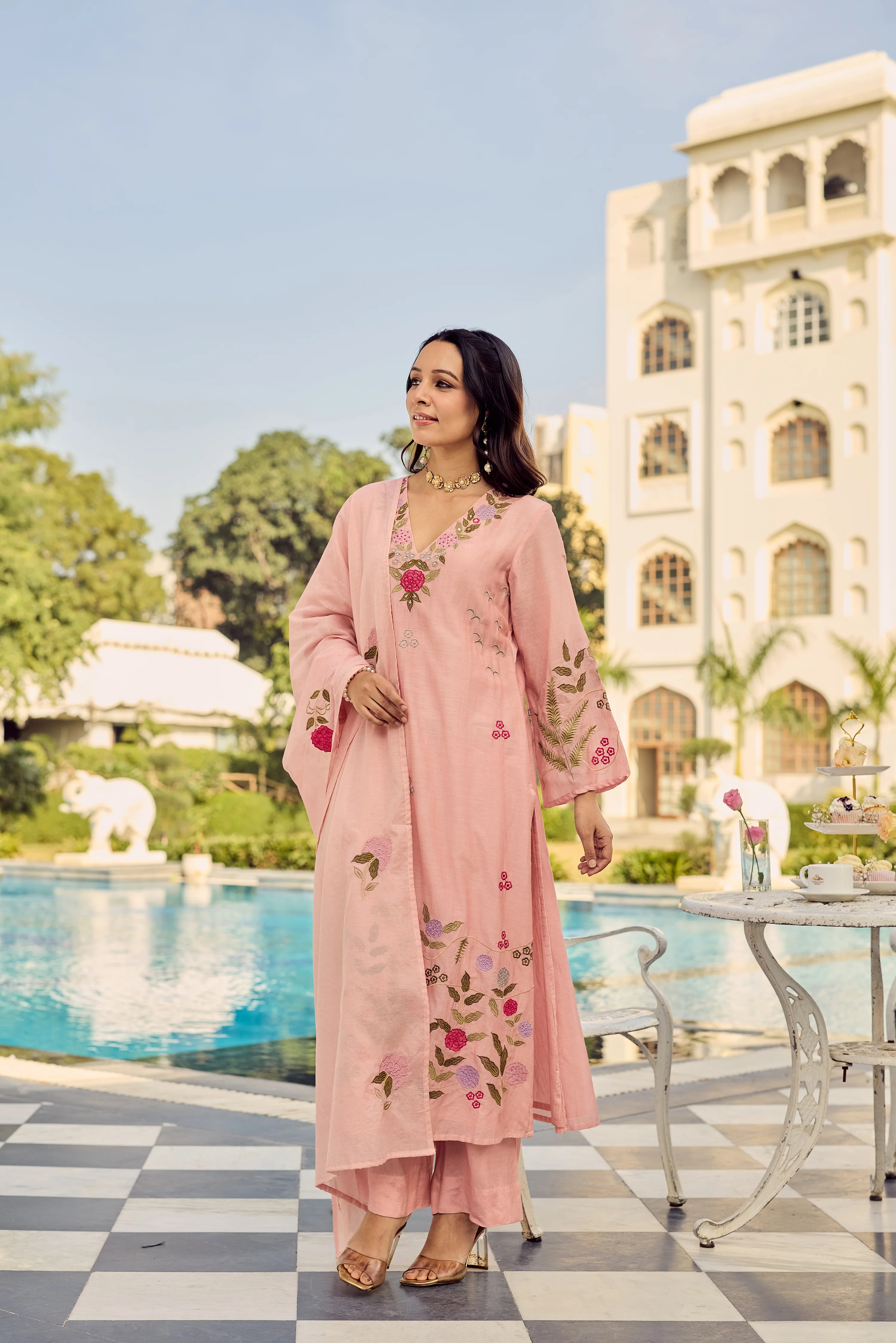 Dusty Rose Glow Chanderi Suit Set - Image 3