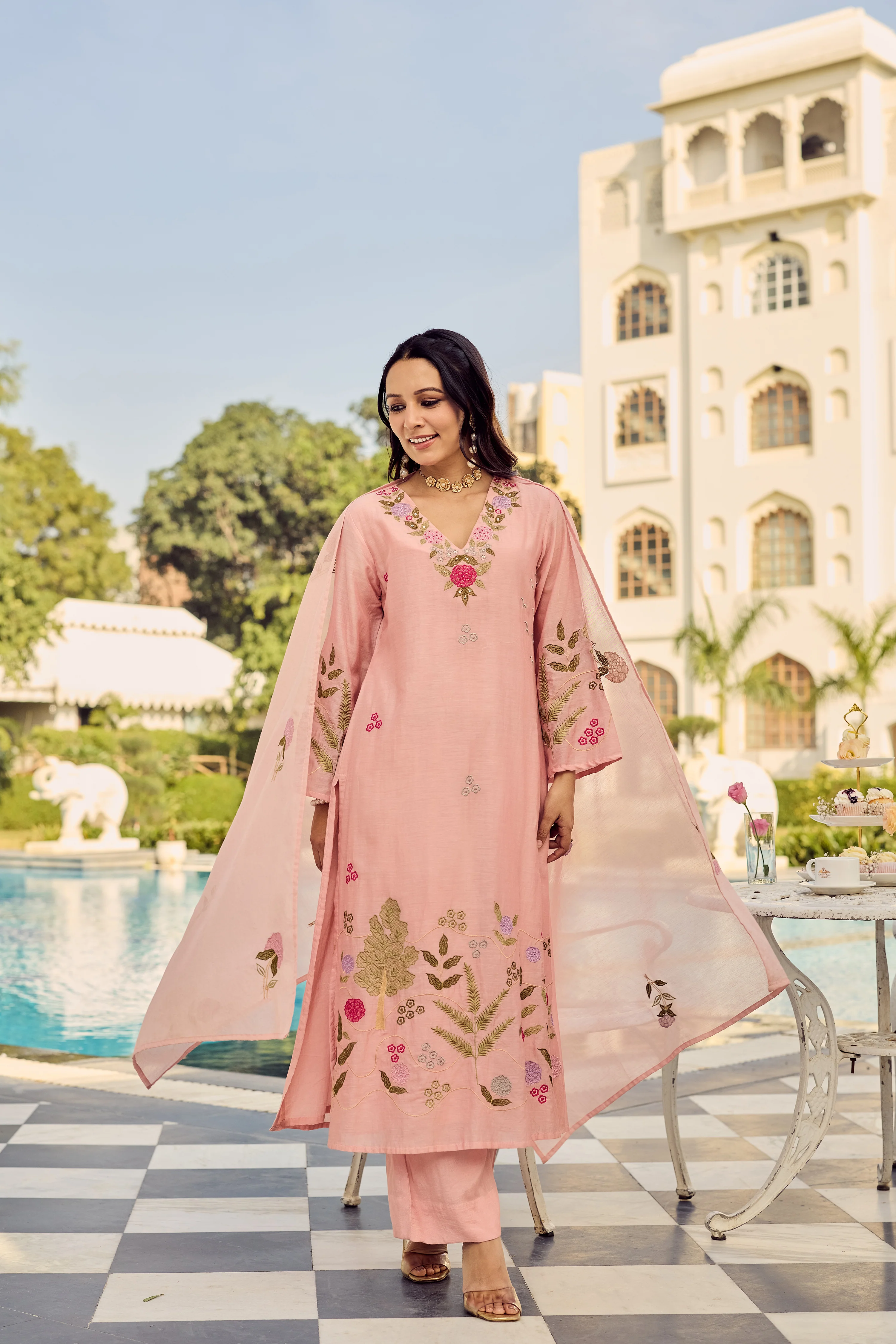 Dusty Rose Glow Chanderi Suit Set - Image 6
