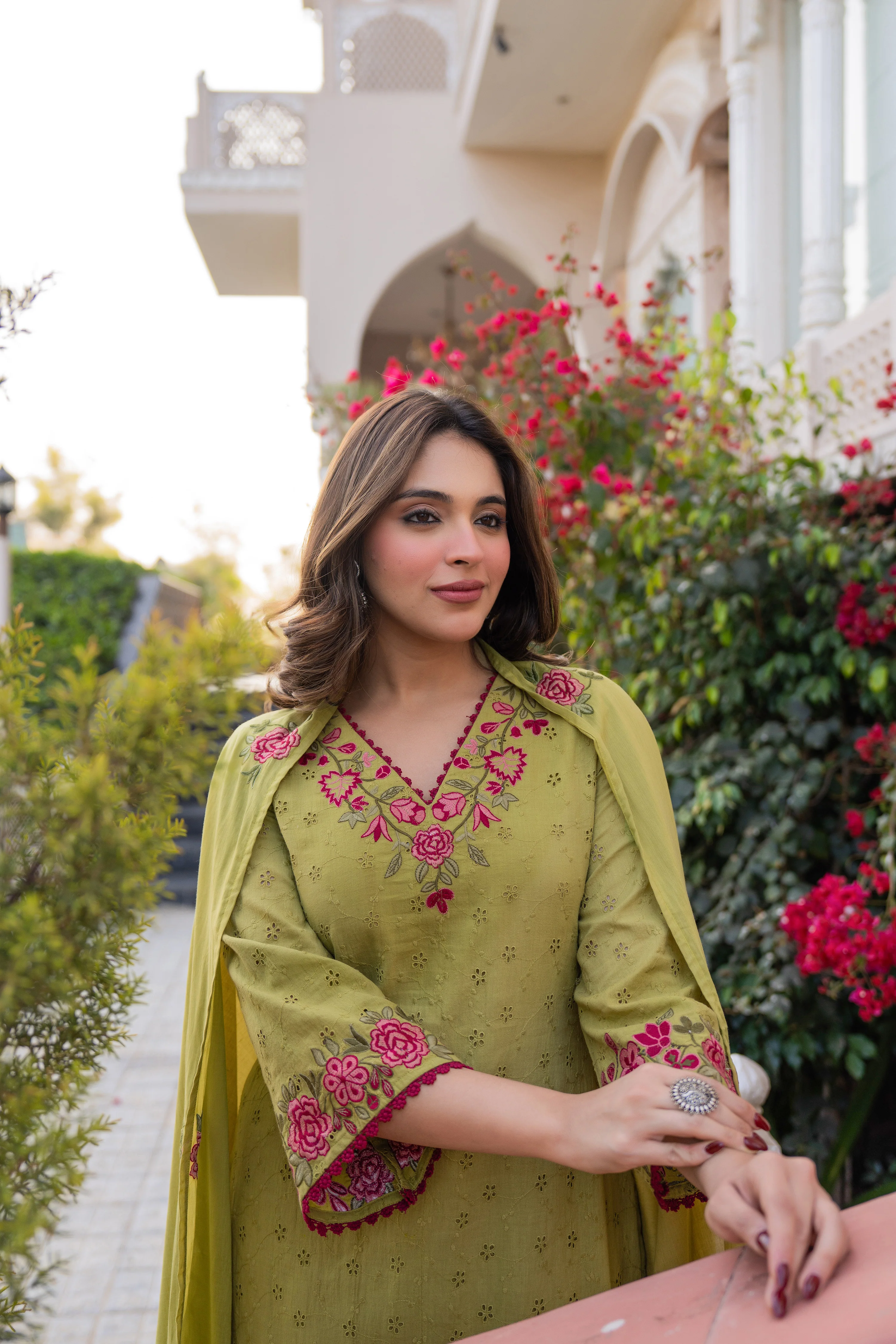 Olive Bloom Cotton Chiffli Suit Set - Image 13