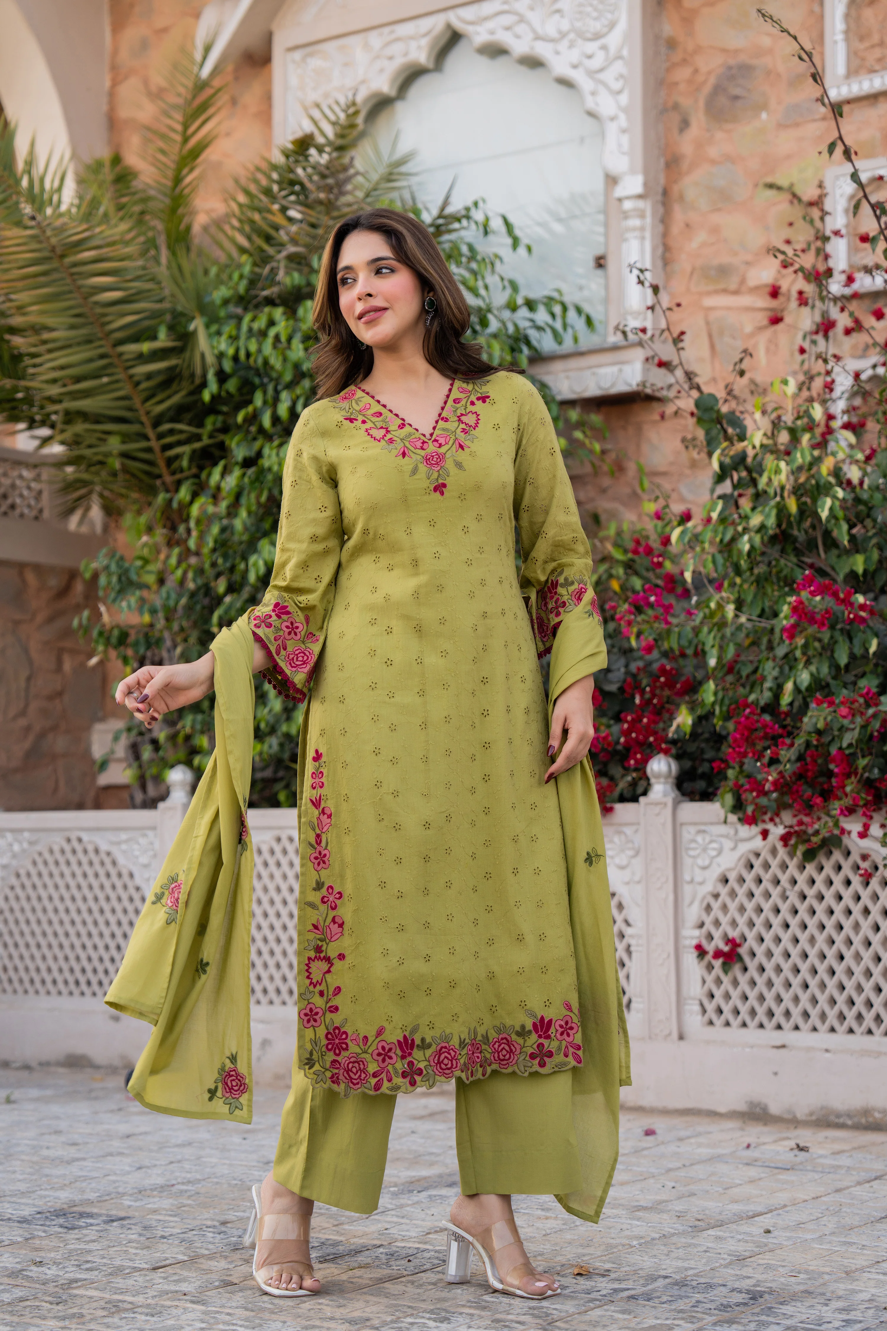 Olive Bloom Cotton Chiffli Suit Set - Image 5