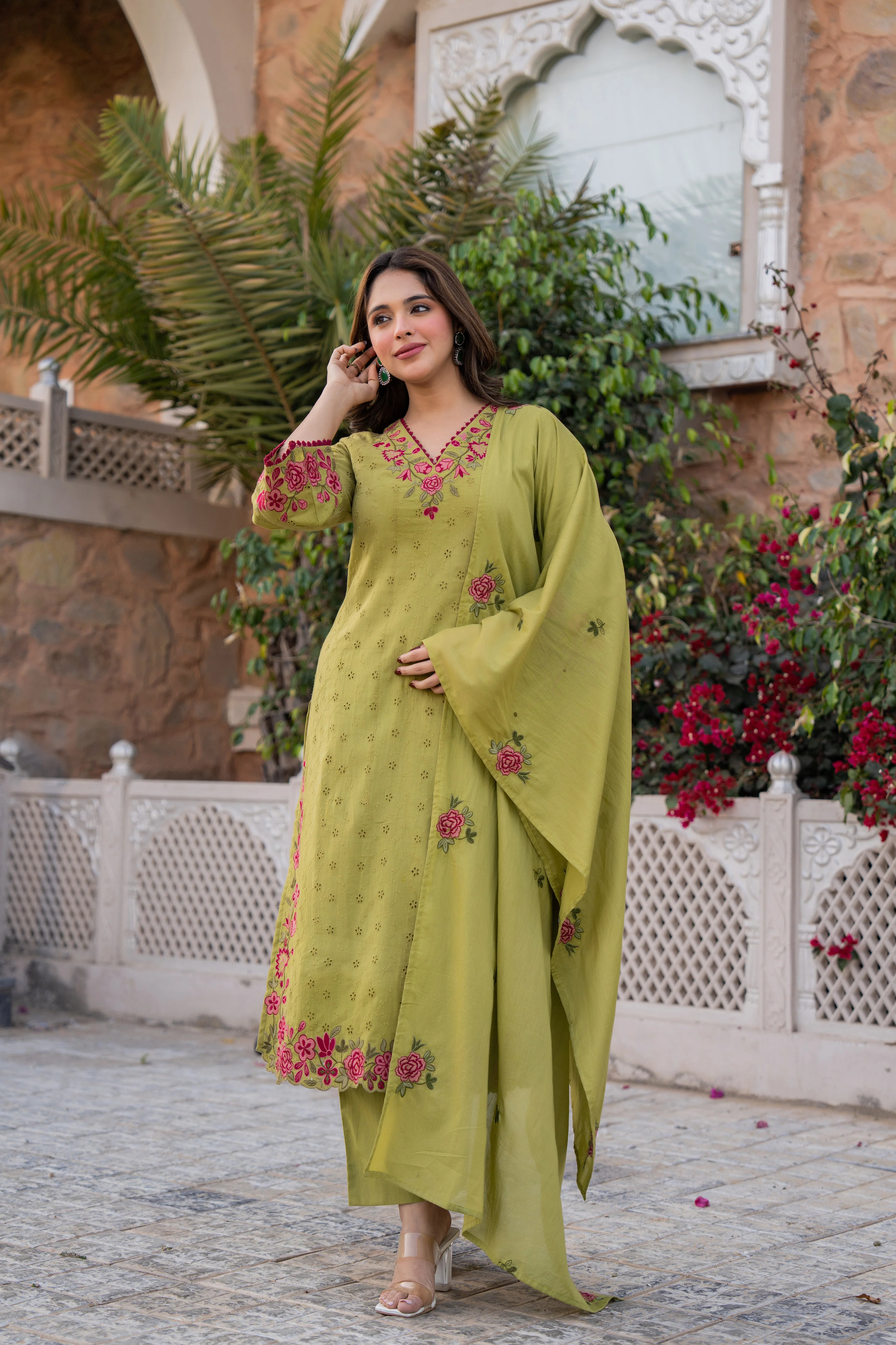 Olive Bloom Cotton Chiffli Suit Set - Image 8