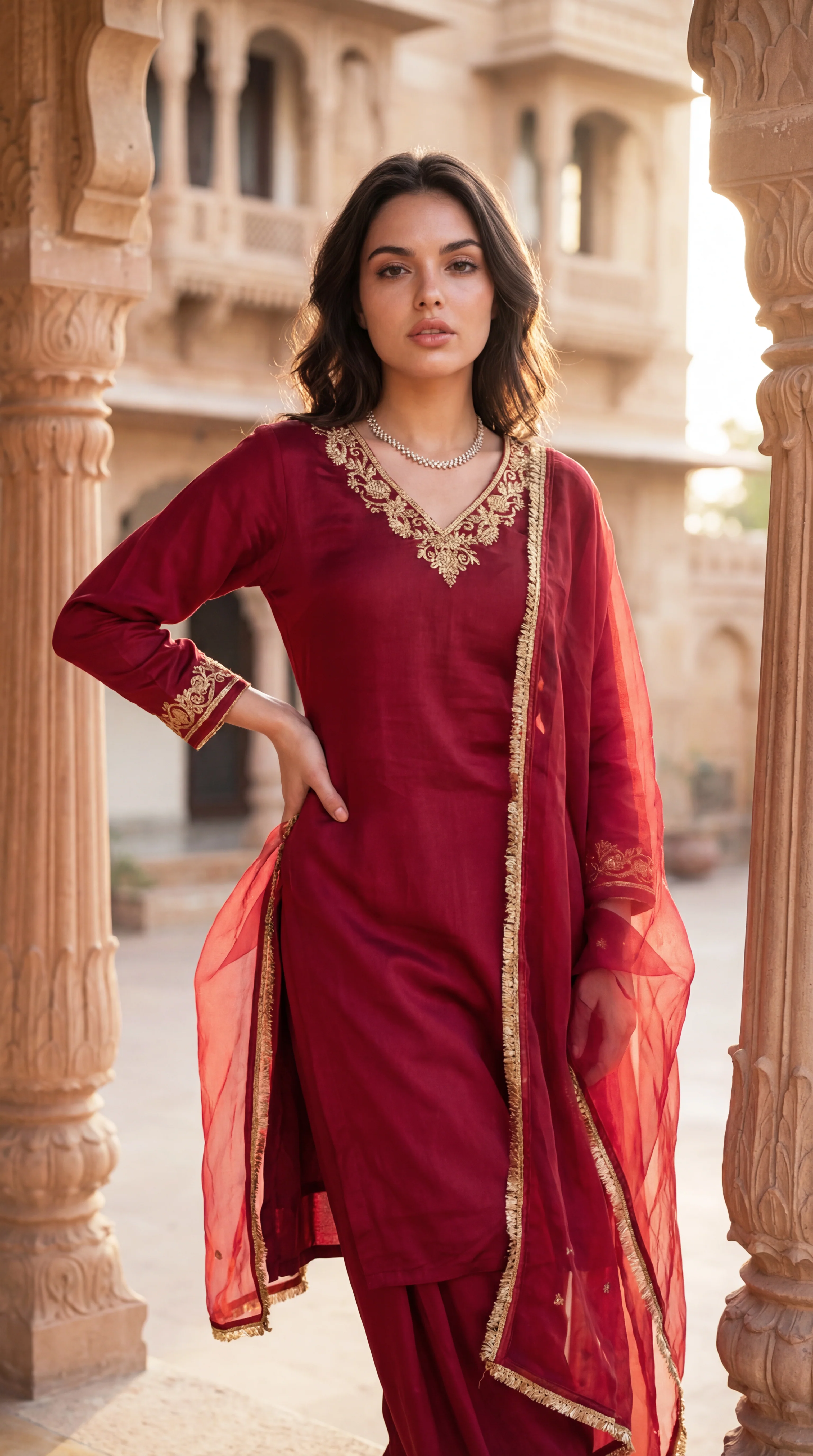 Deep Wine Chanderi Suit Set - Image 16