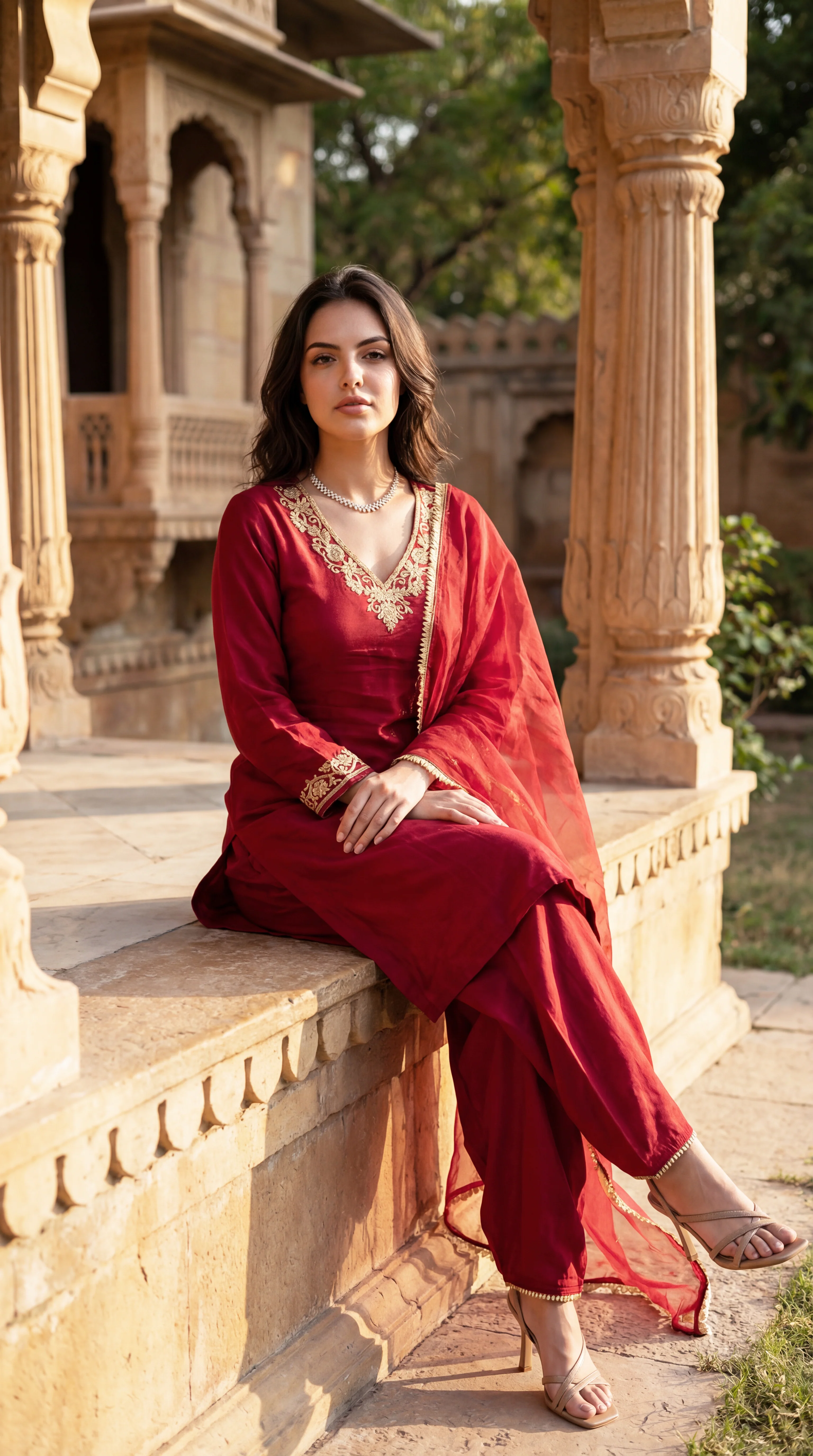 Deep Wine Chanderi Suit Set - Image 2