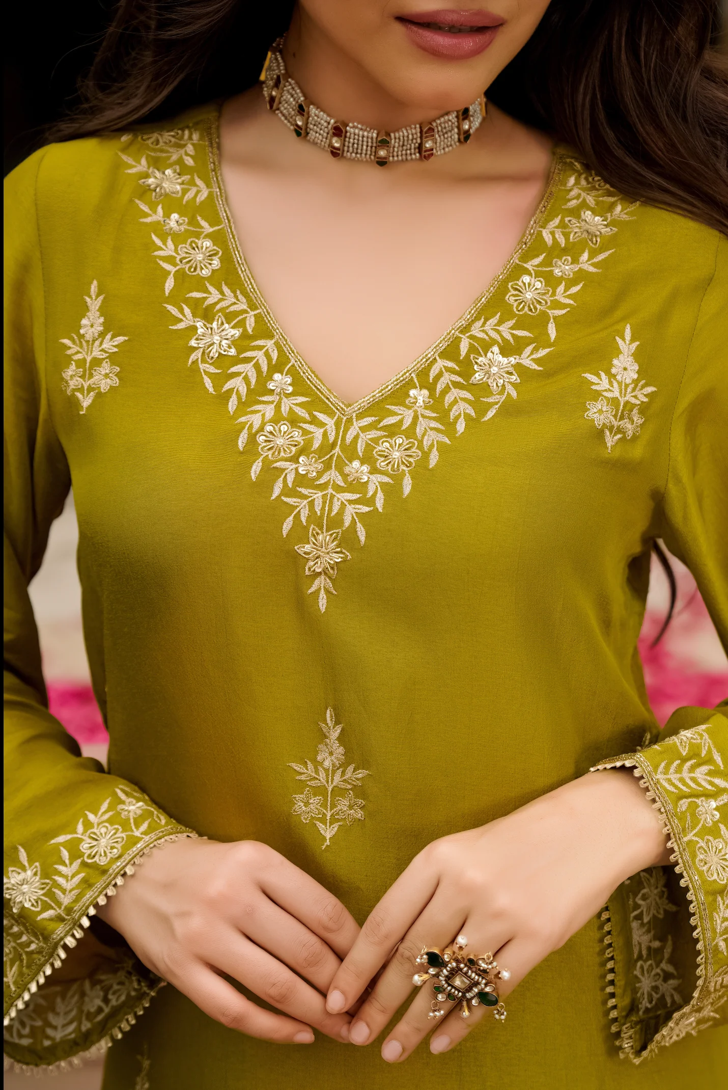 Olive Bloom Pure Russian Silk Suit Set - Image 17