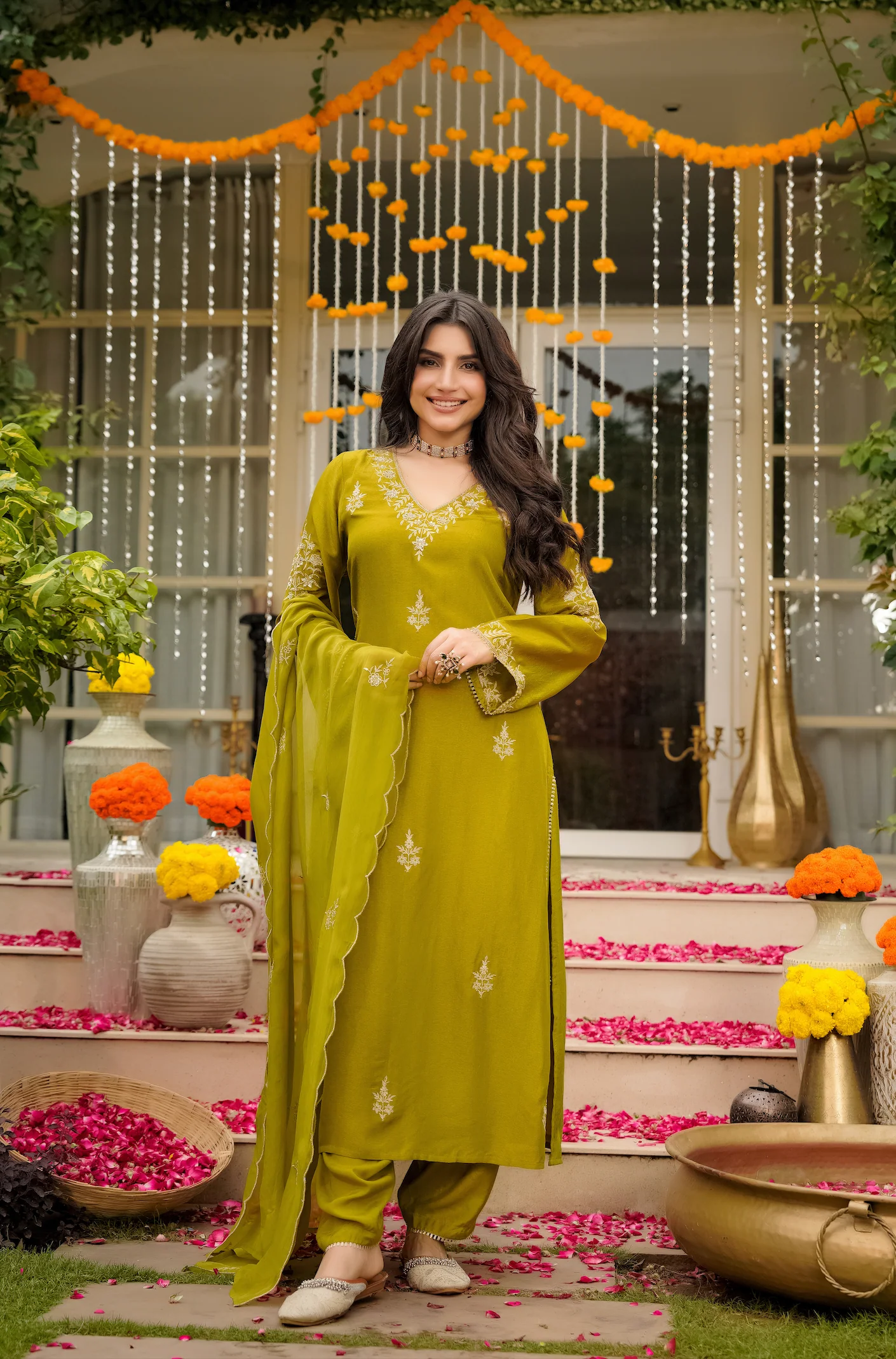 Olive Bloom Pure Russian Silk Suit Set - Image 2