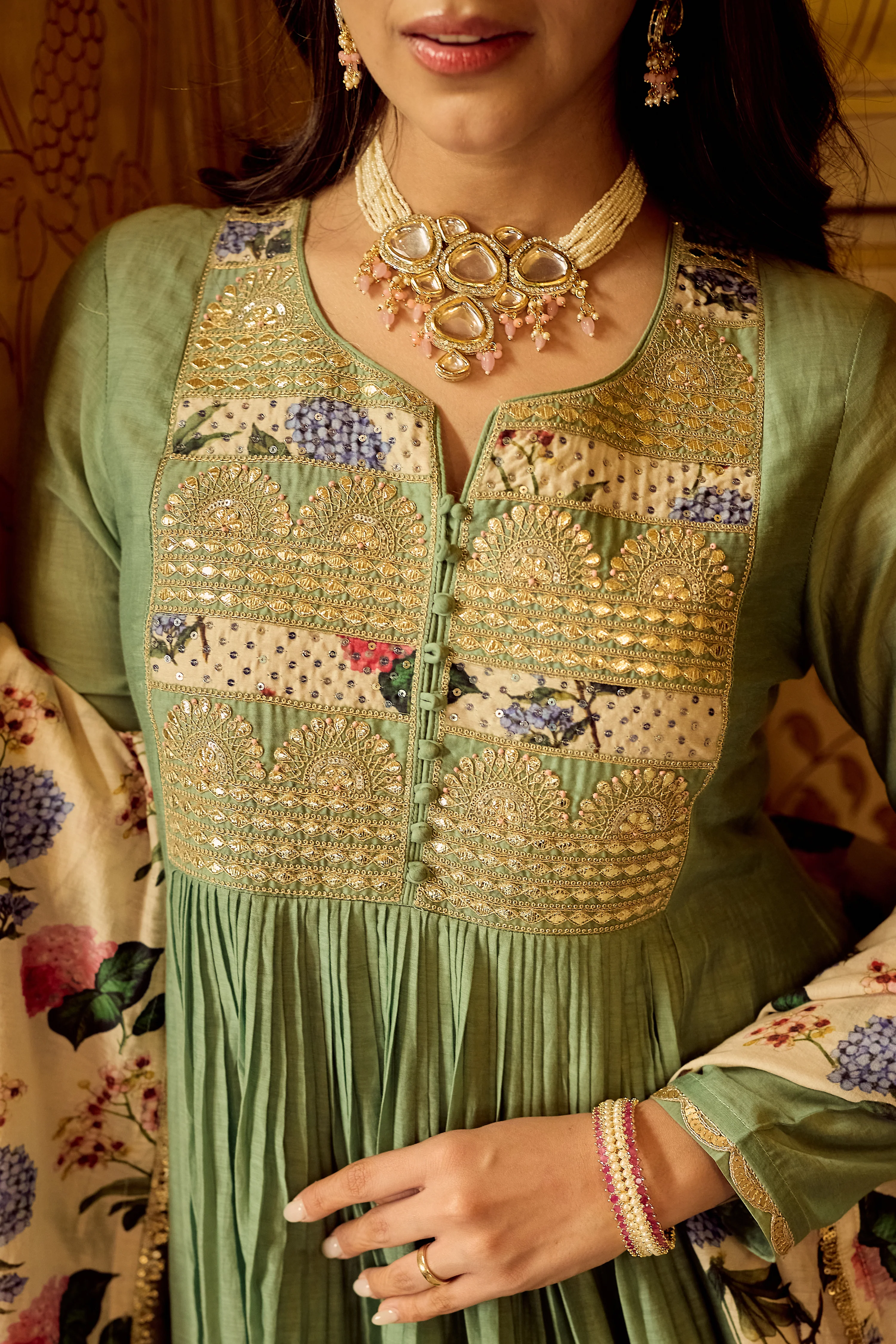 Pastel Green Chanderi Embroidered Suit Set - Image 10