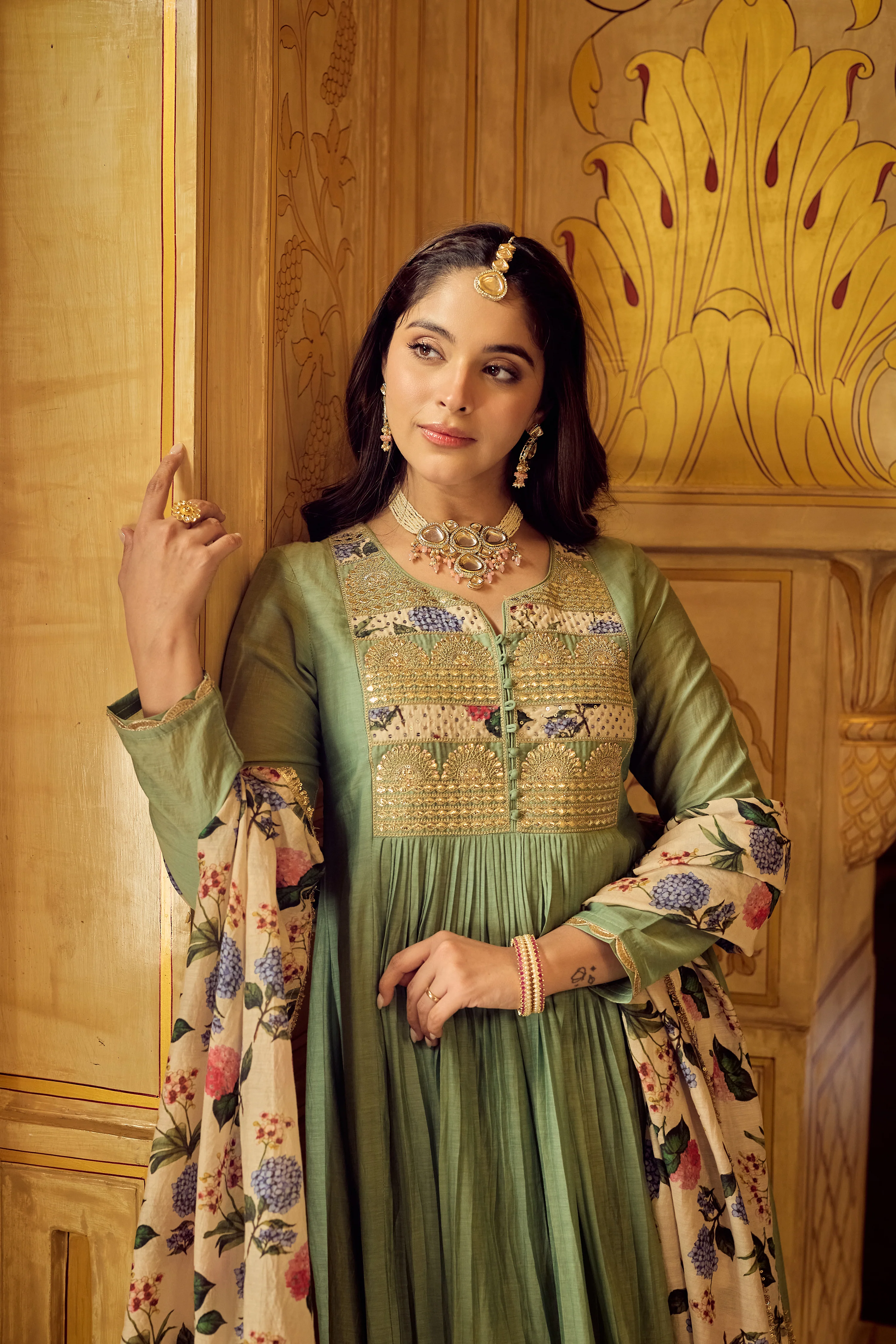 Pastel Green Chanderi Embroidered Suit Set - Image 11