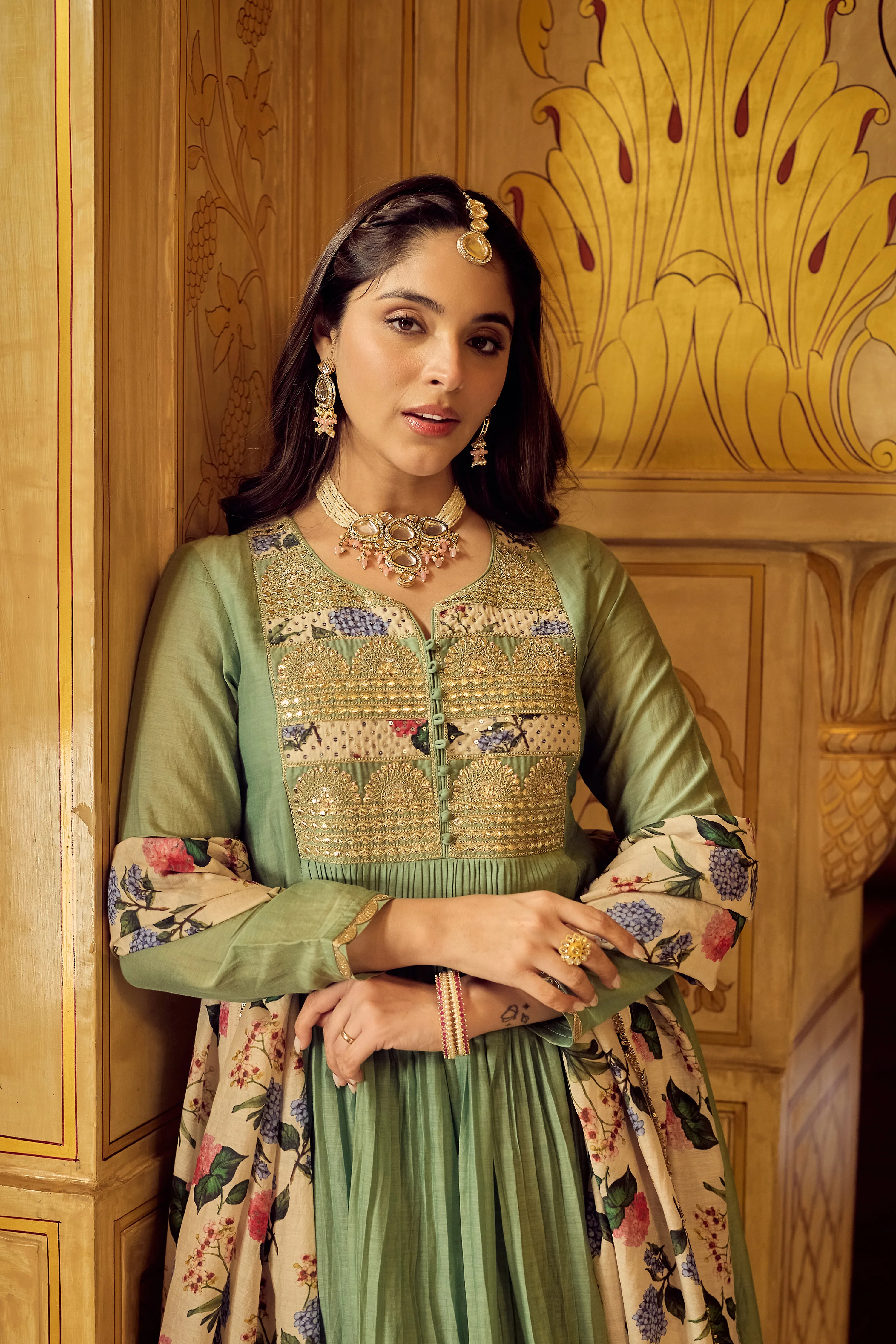 Pastel Green Chanderi Embroidered Suit Set - Image 12