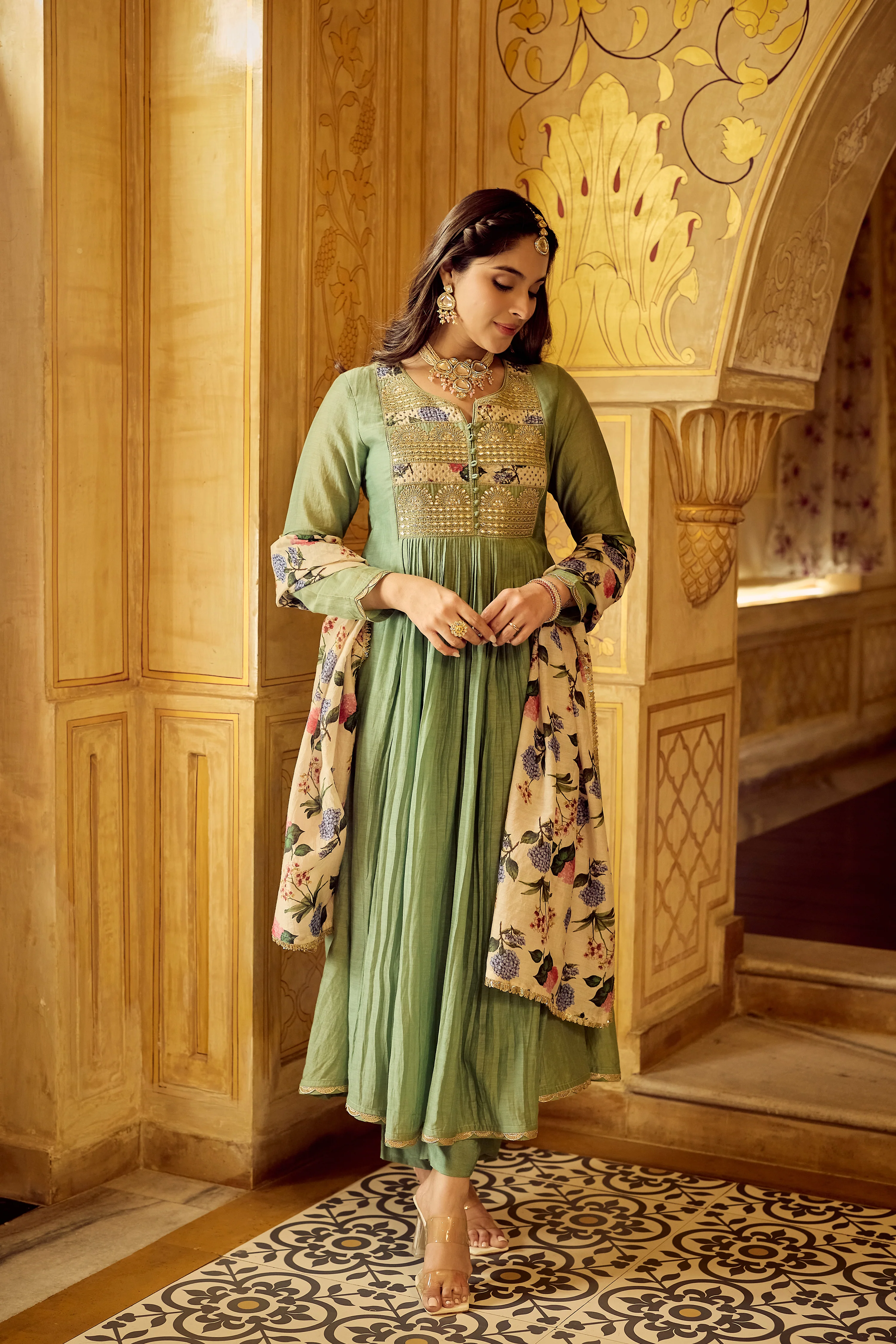Pastel Green Chanderi Embroidered Suit Set - Image 14