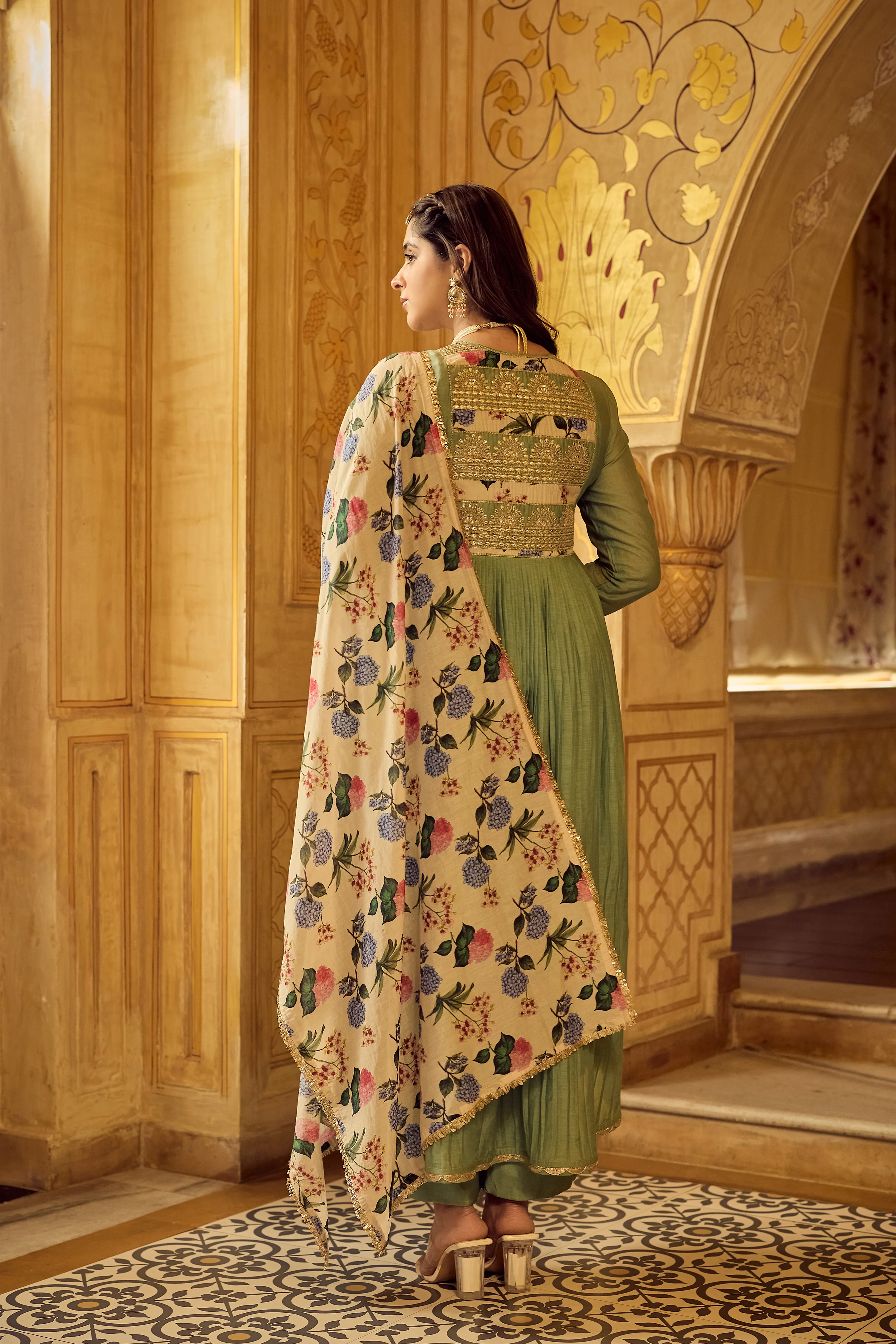 Pastel Green Chanderi Embroidered Suit Set - Image 18