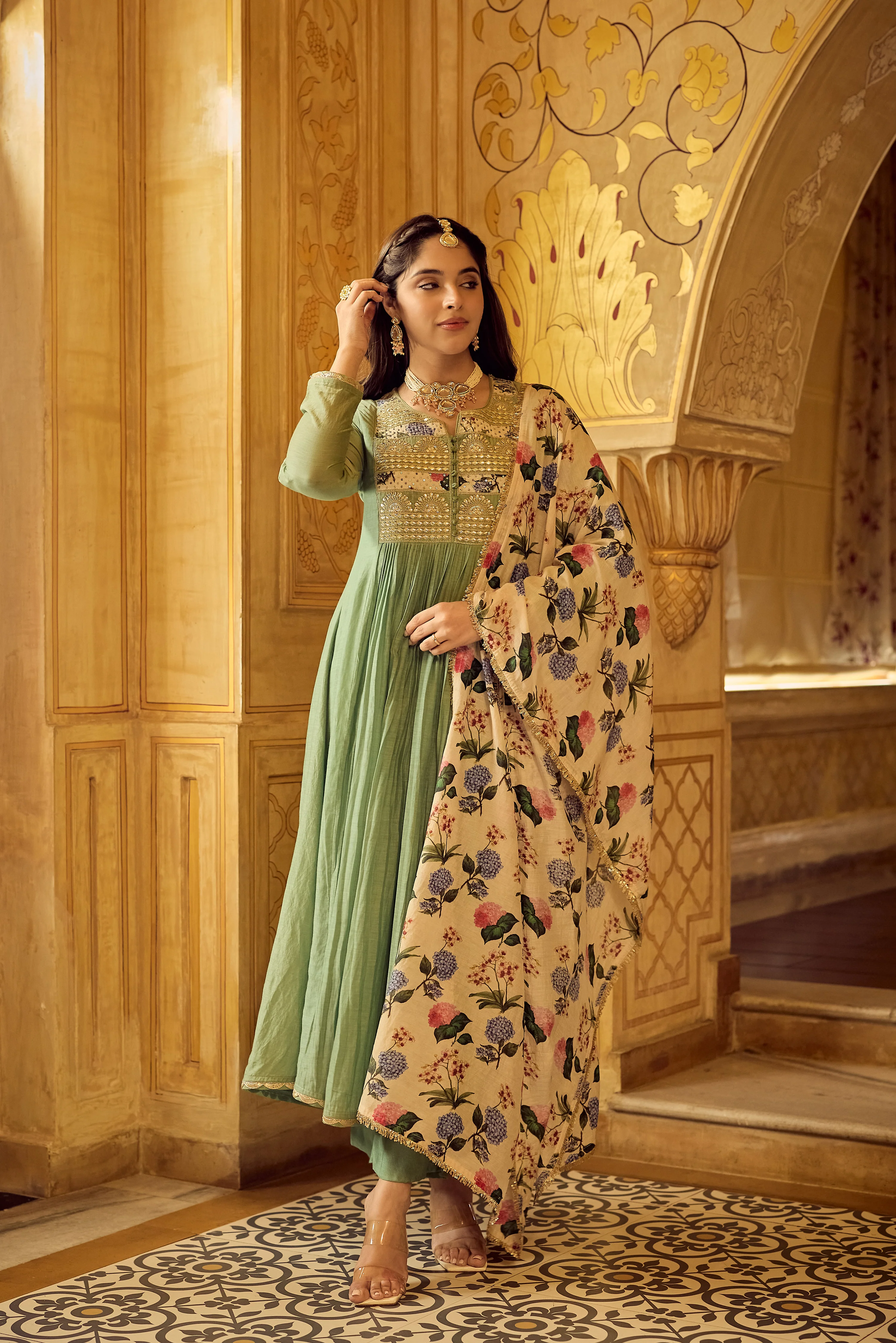 Pastel Green Chanderi Embroidered Suit Set - Image 2