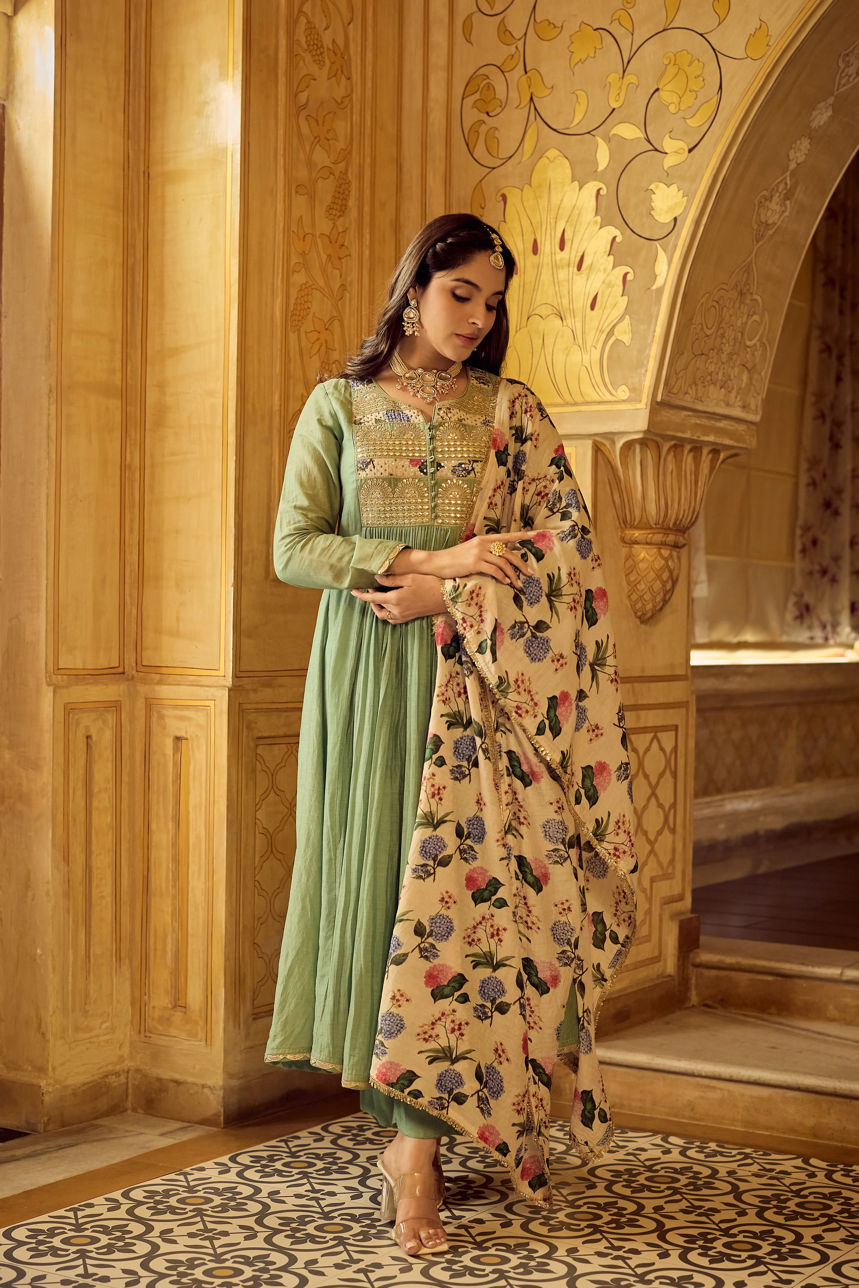 Pastel Green Chanderi Embroidered Suit Set - Image 3