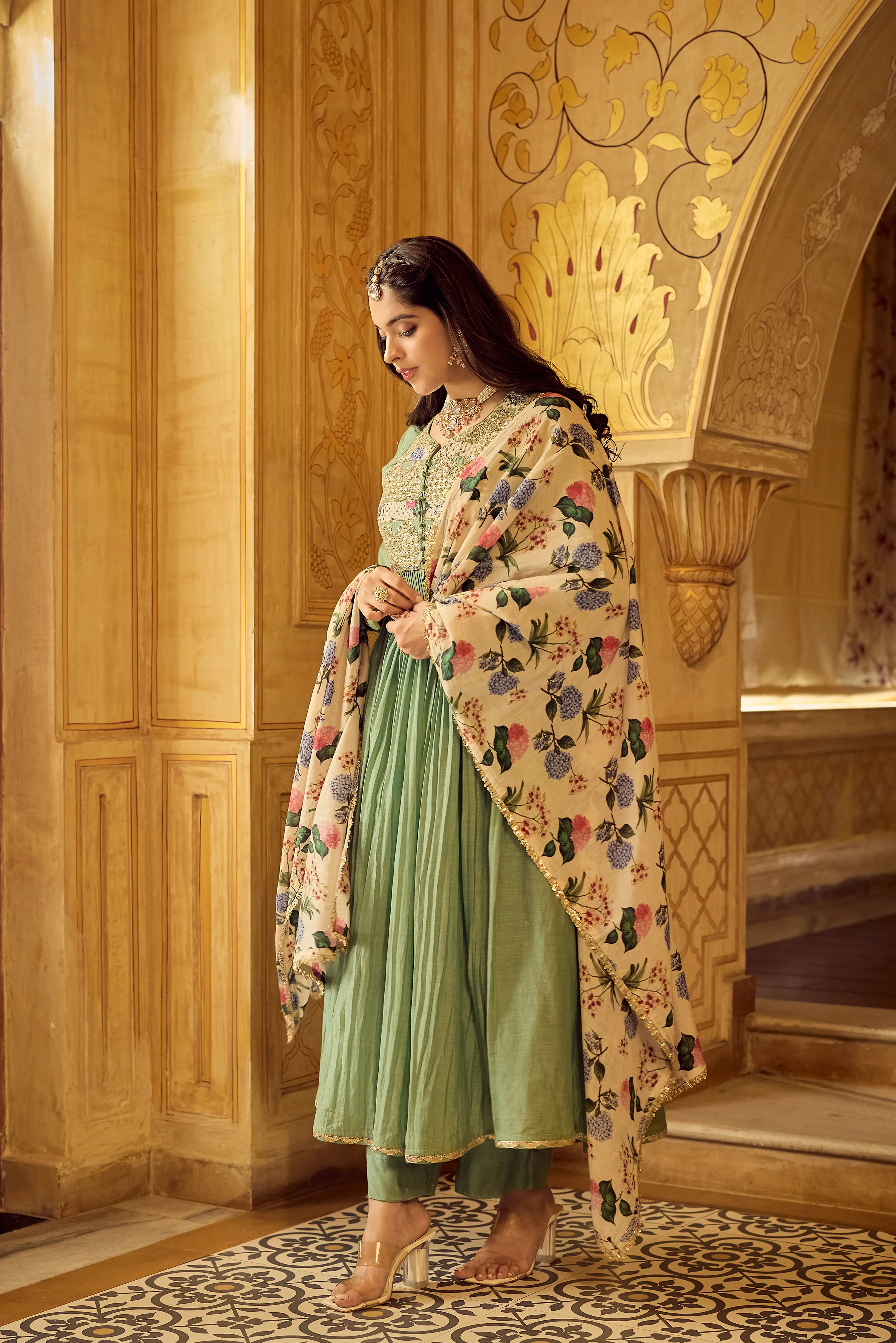 Pastel Green Chanderi Embroidered Suit Set - Image 4