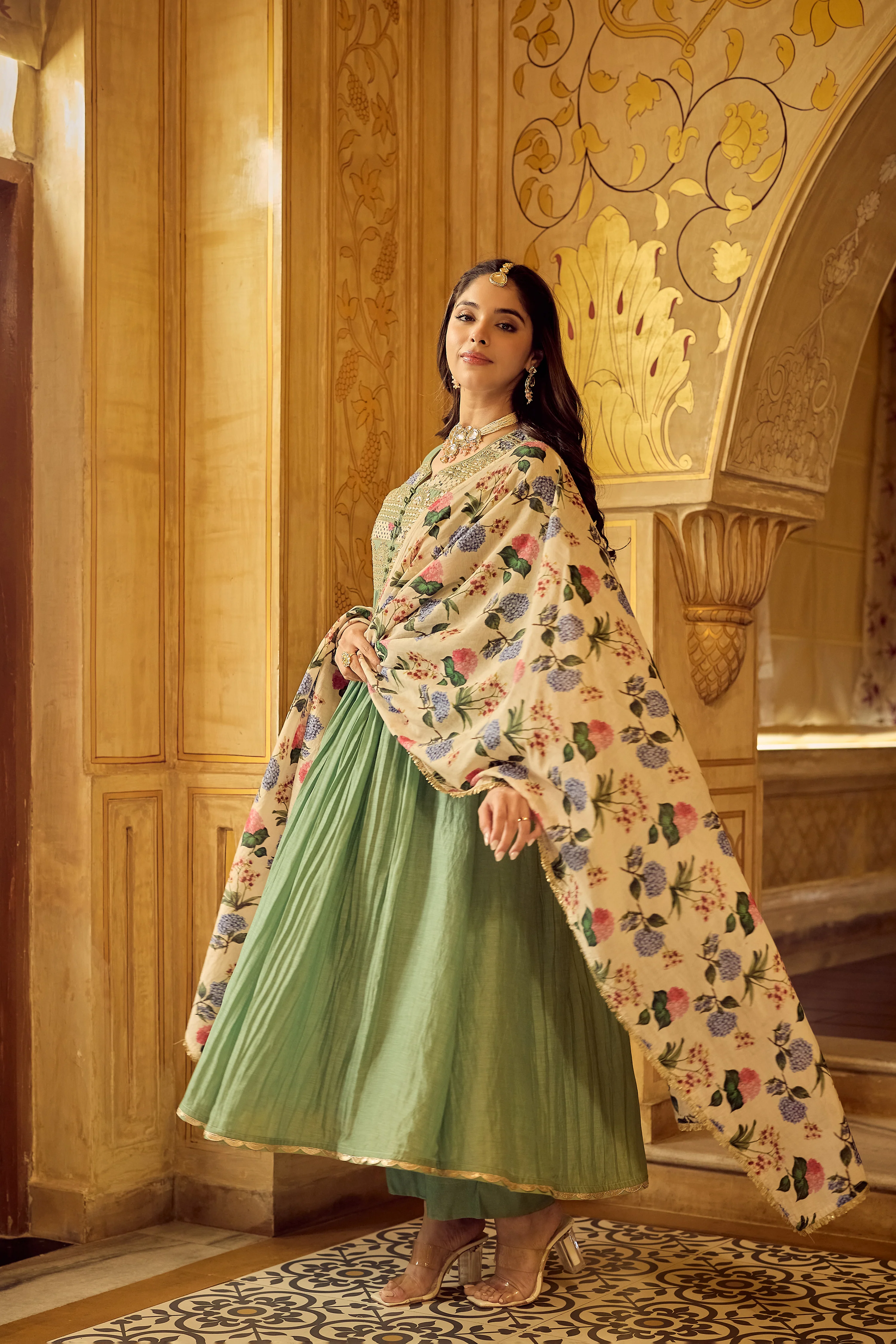 Pastel Green Chanderi Embroidered Suit Set - Image 6