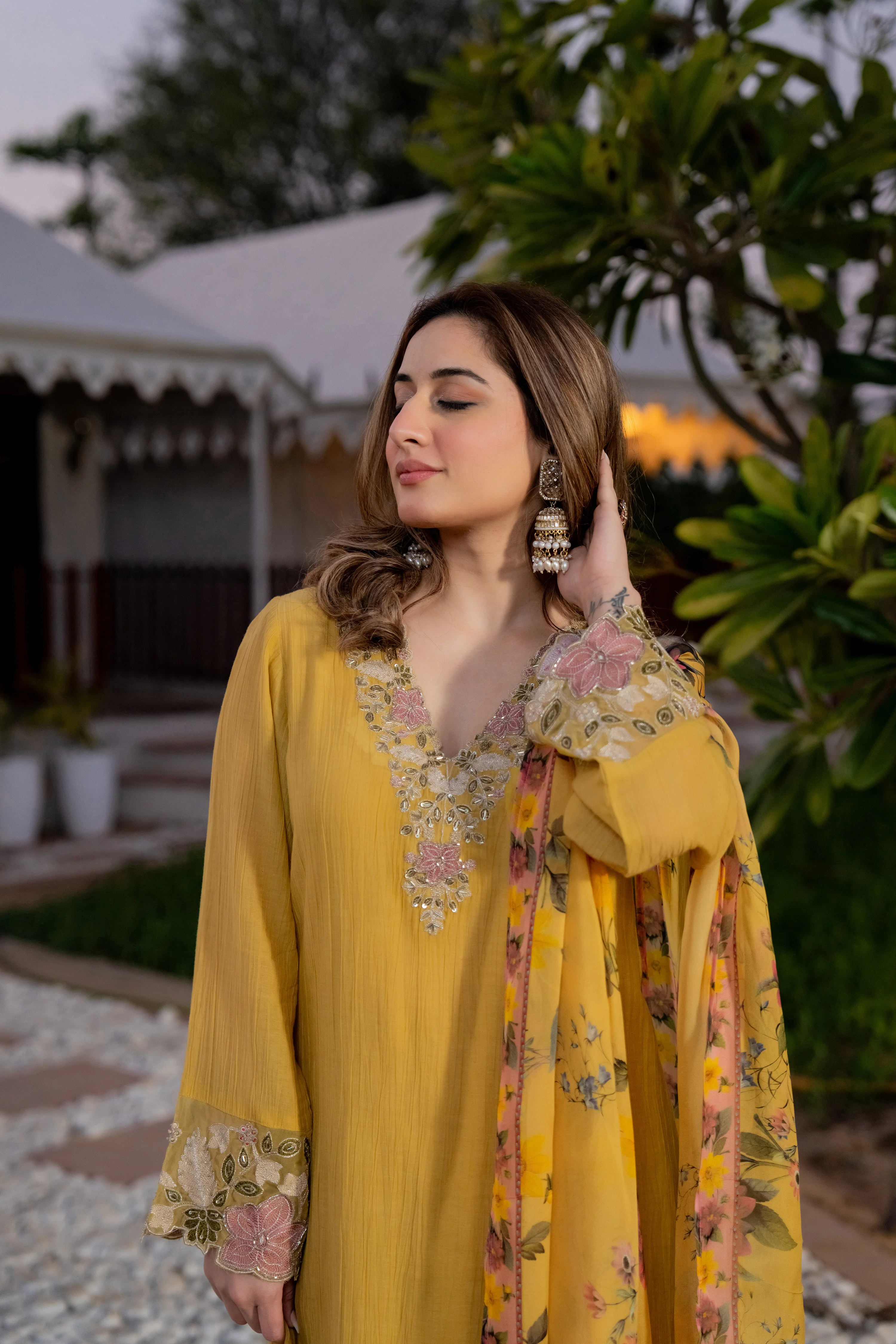 Mustard Yellow Crush Embroidered Suit Set - Image 10