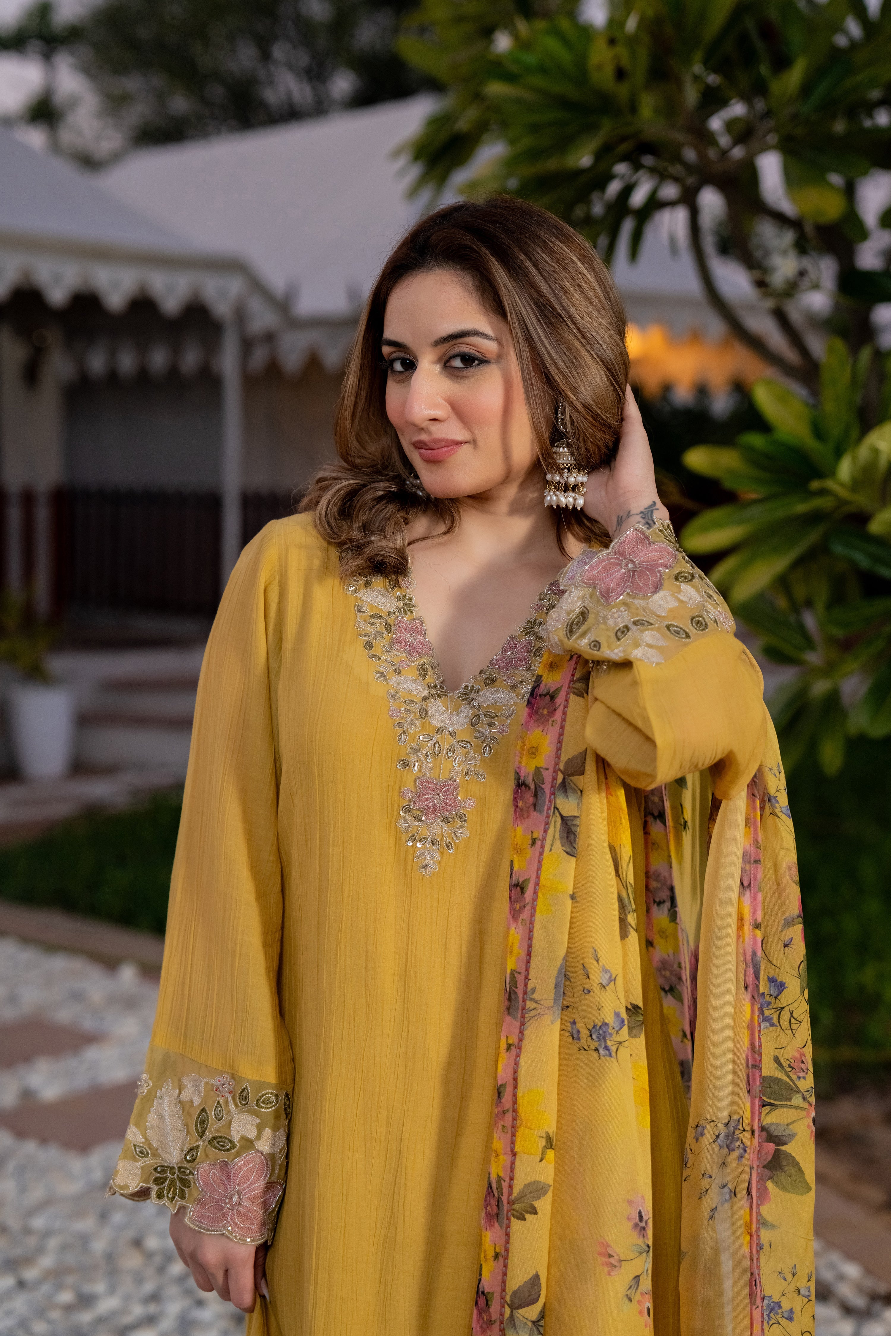 Mustard Yellow Crush Embroidered Suit Set - Image 11