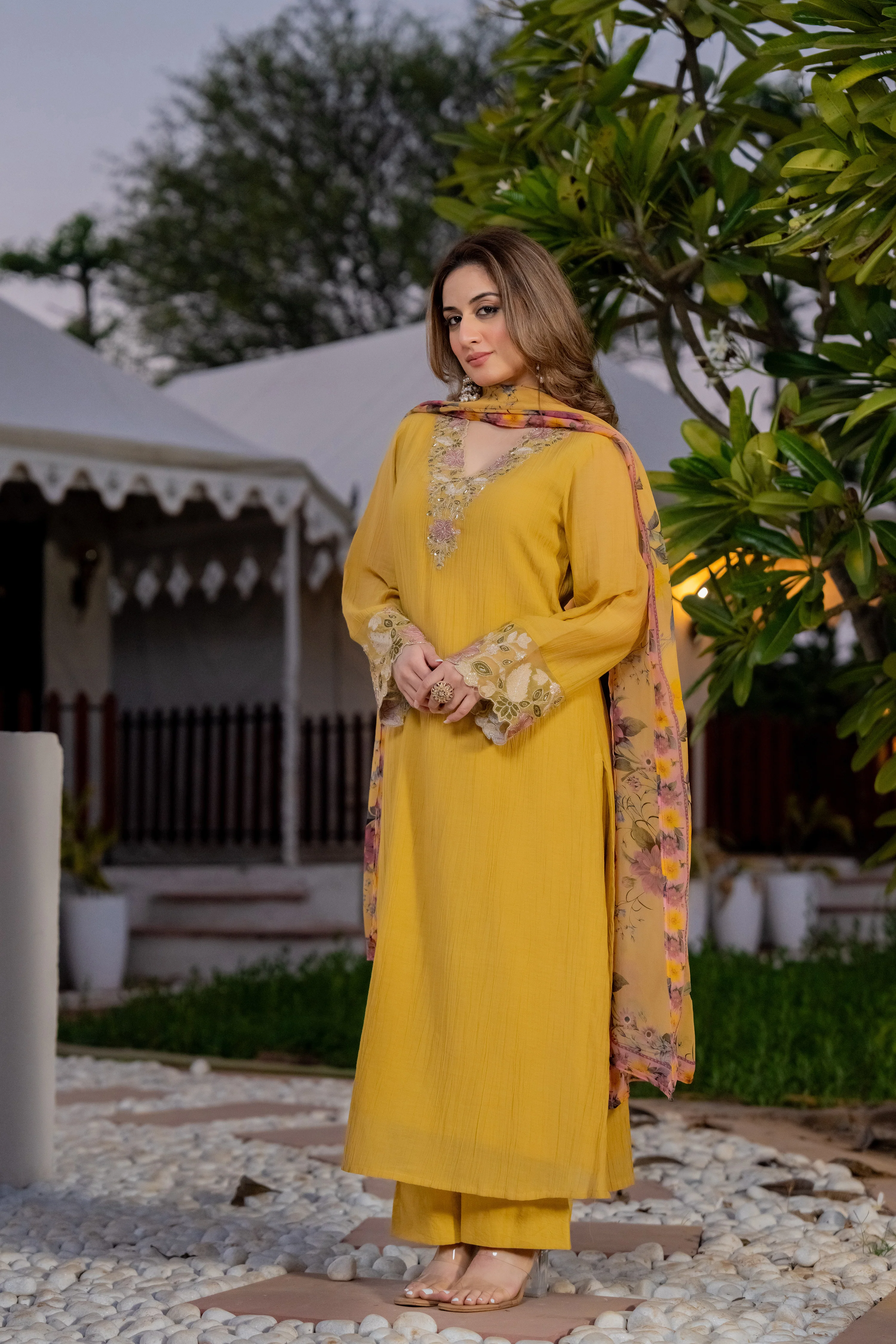 Mustard Yellow Crush Embroidered Suit Set - Image 13