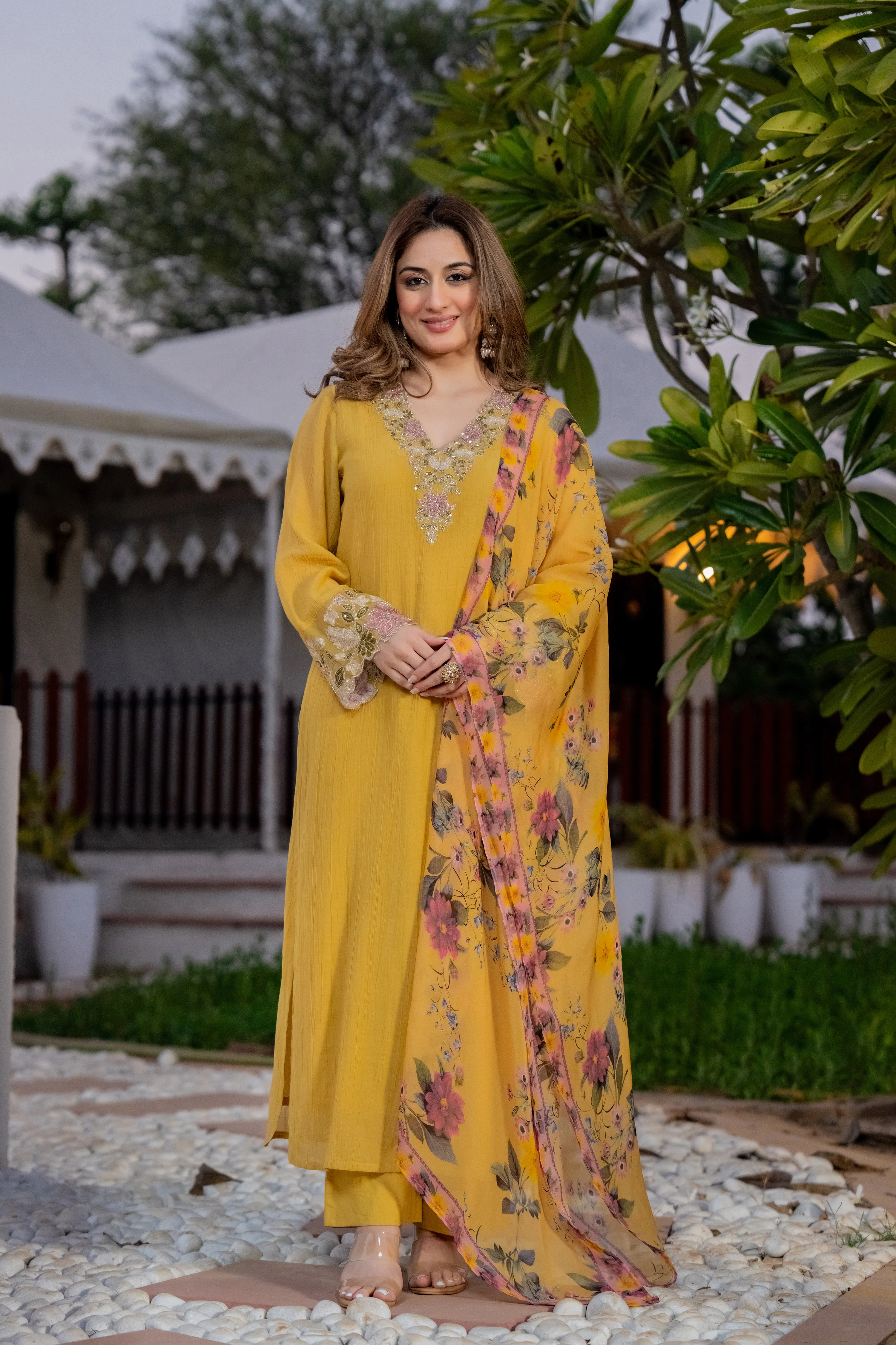 Mustard Yellow Crush Embroidered Suit Set - Image 2