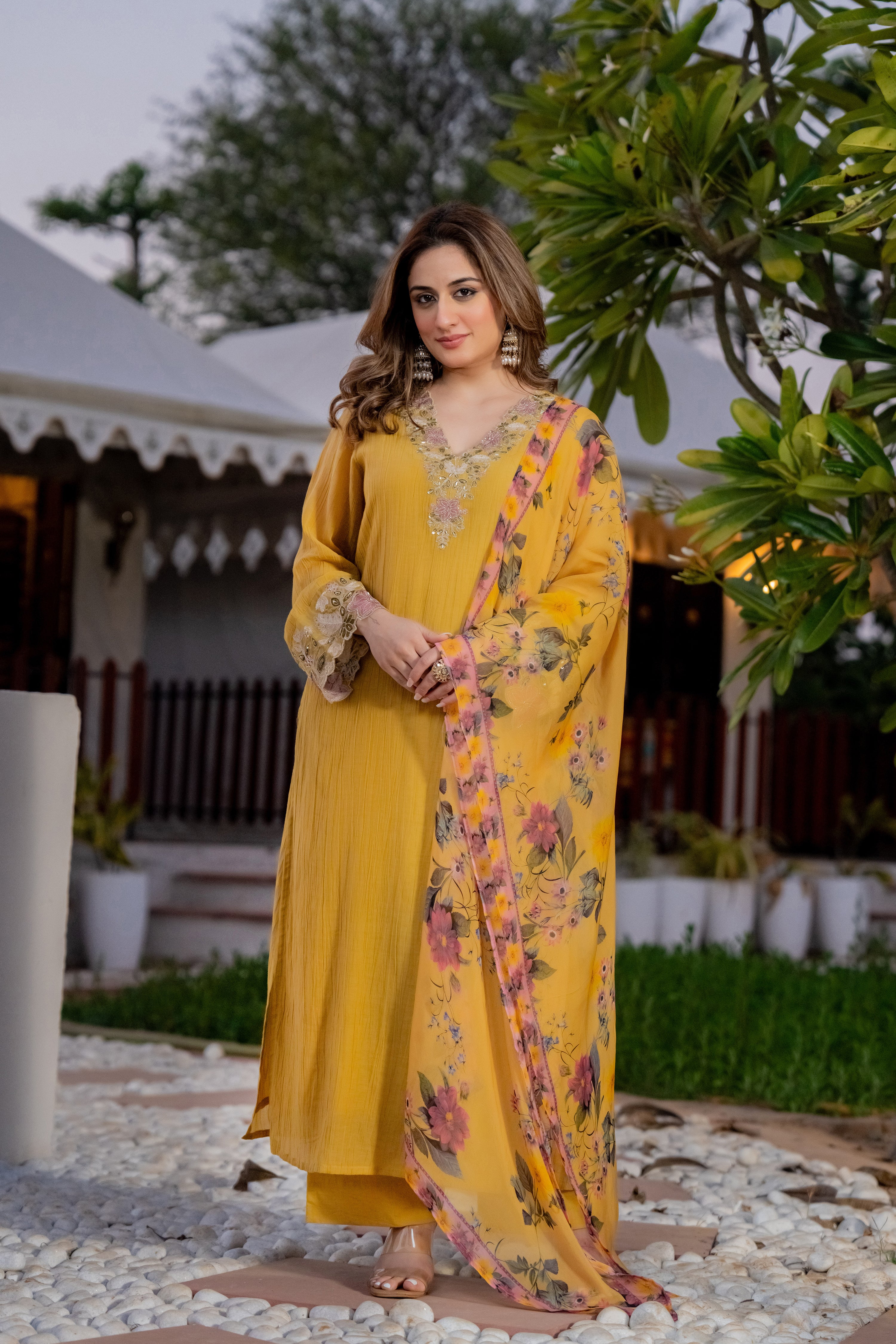 Mustard Yellow Crush Embroidered Suit Set - Image 3