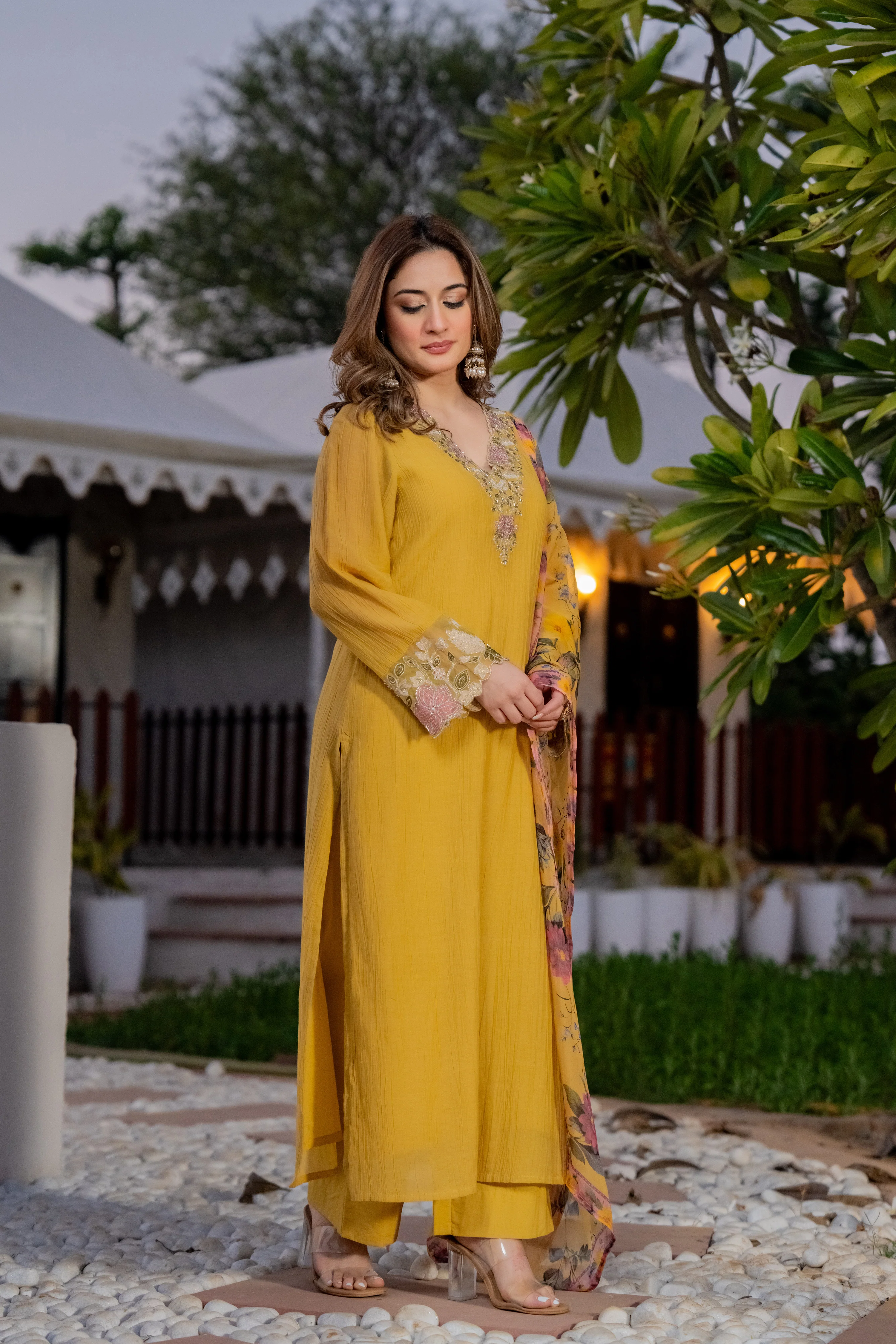 Mustard Yellow Crush Embroidered Suit Set - Image 5