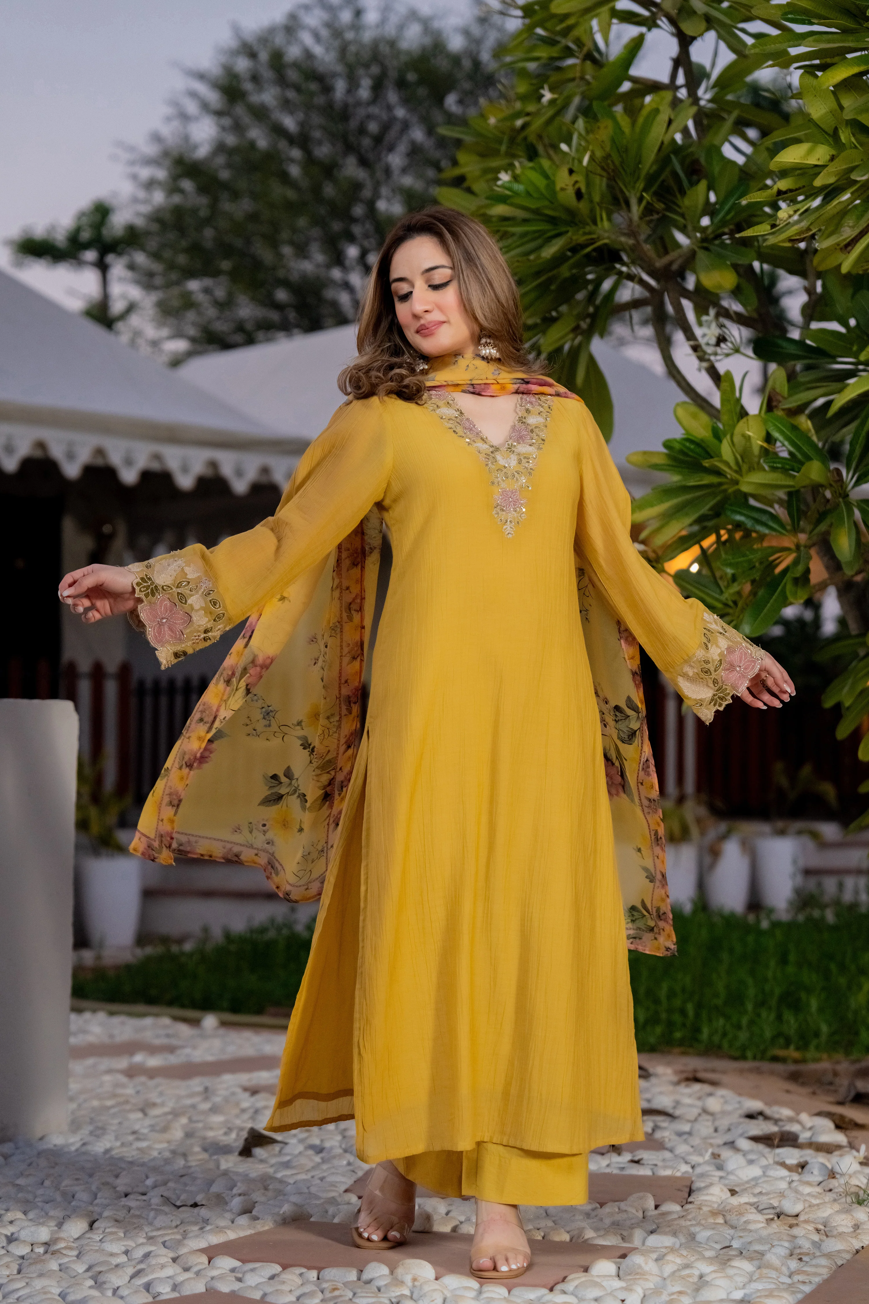 Mustard Yellow Crush Embroidered Suit Set - Image 6