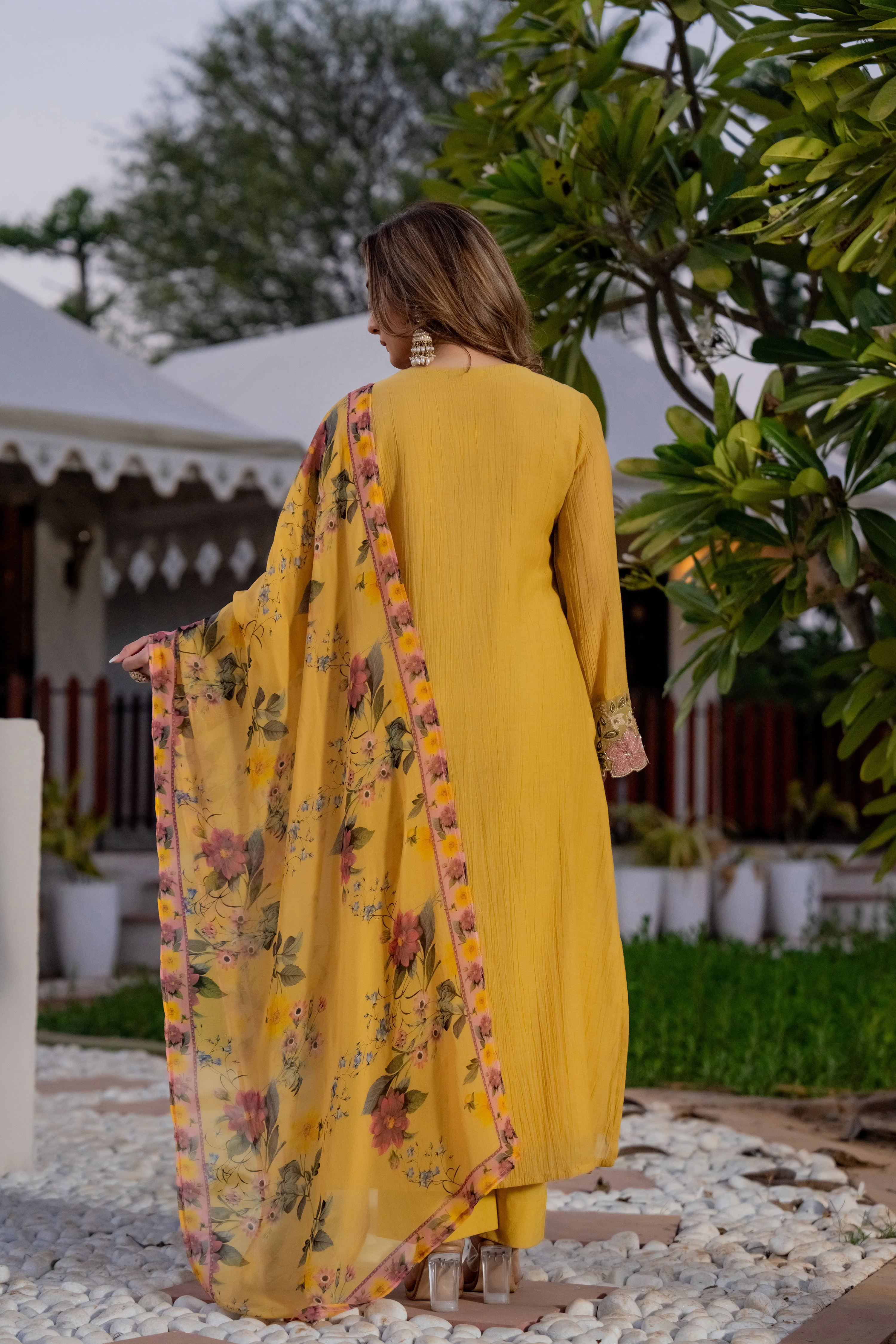 Mustard Yellow Crush Embroidered Suit Set - Image 8