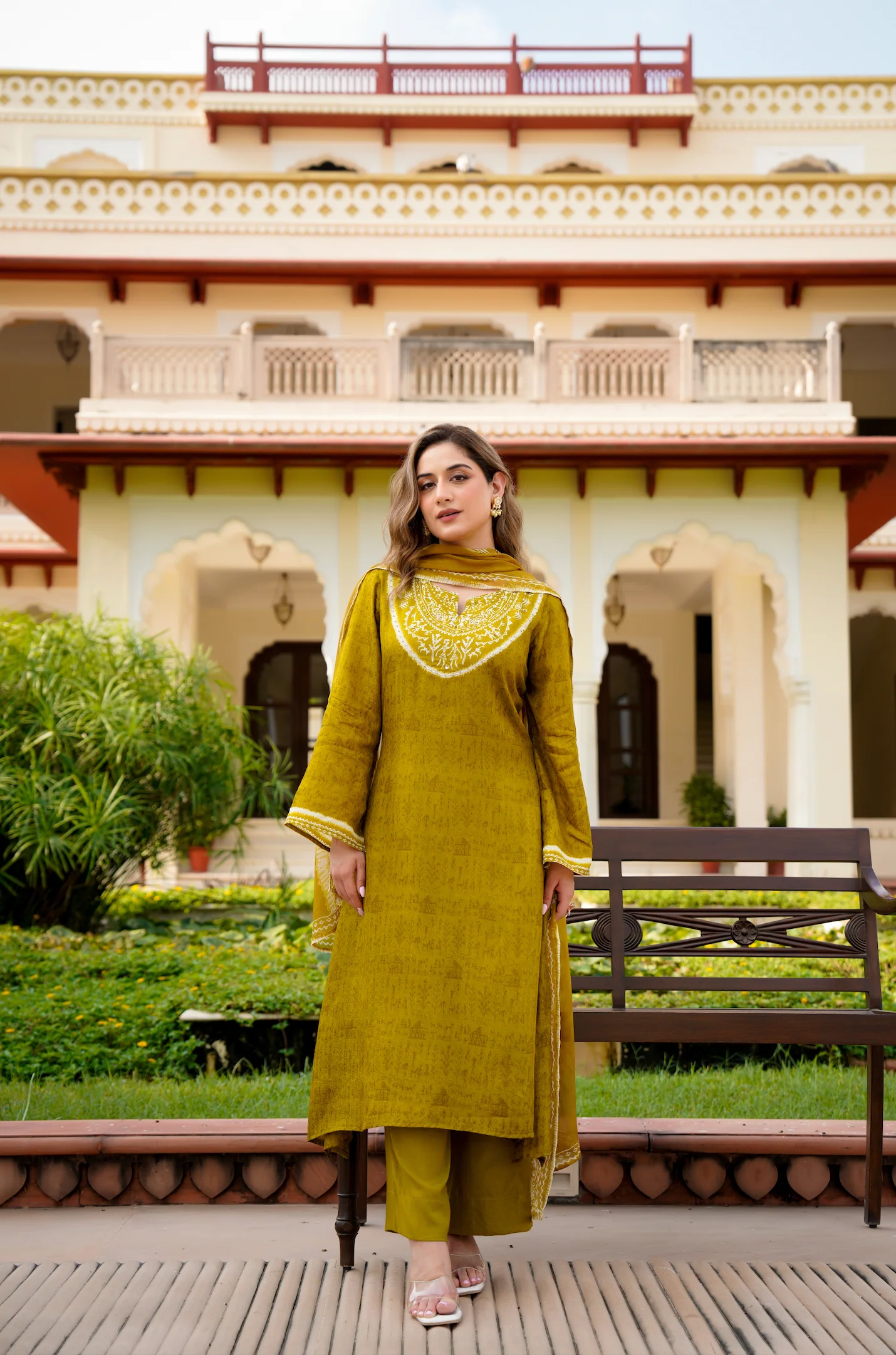 Olive Whisper Russian Silk Printed Suit Set - Image 13