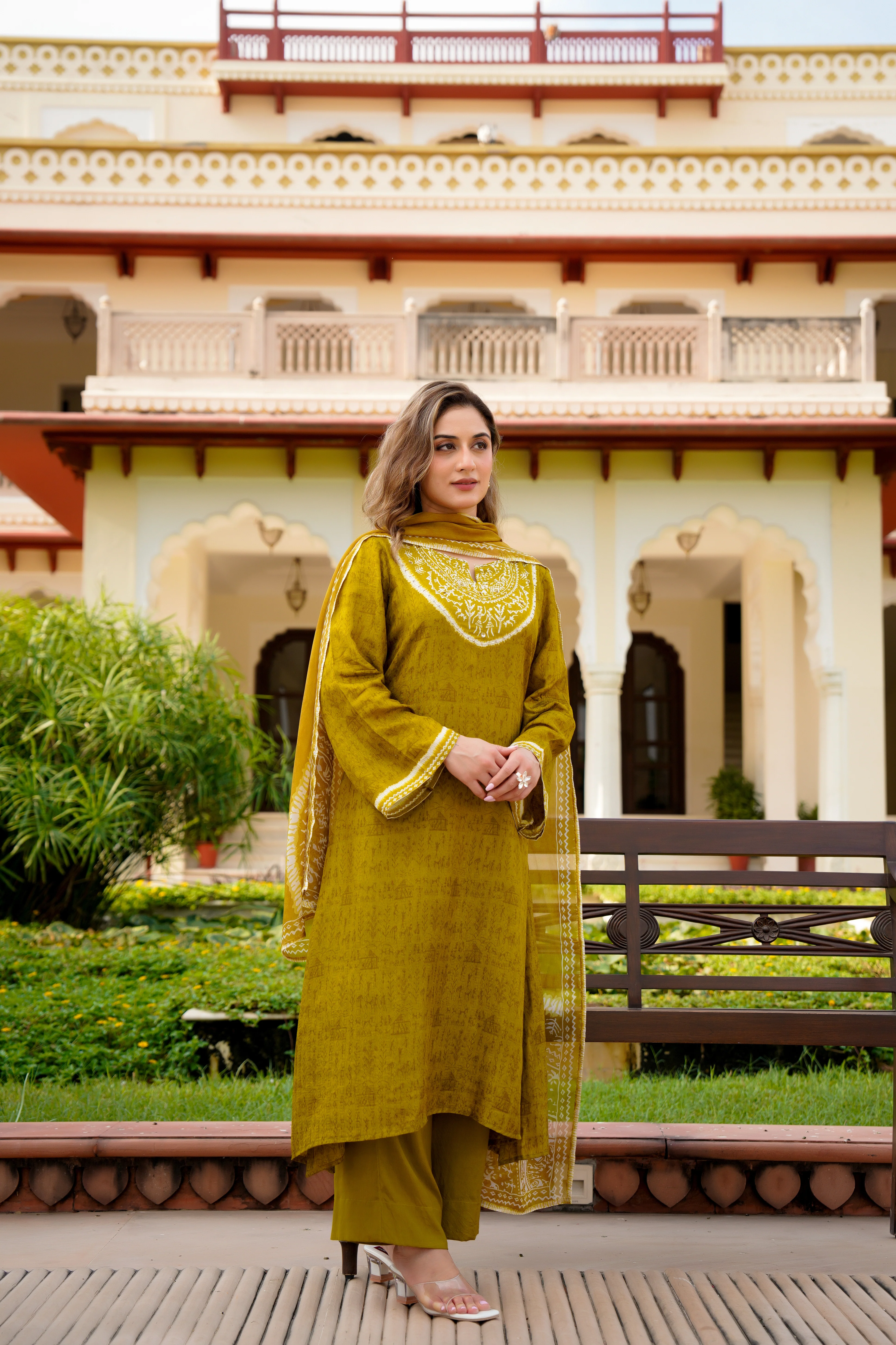 Olive Whisper Russian Silk Printed Suit Set - Image 7
