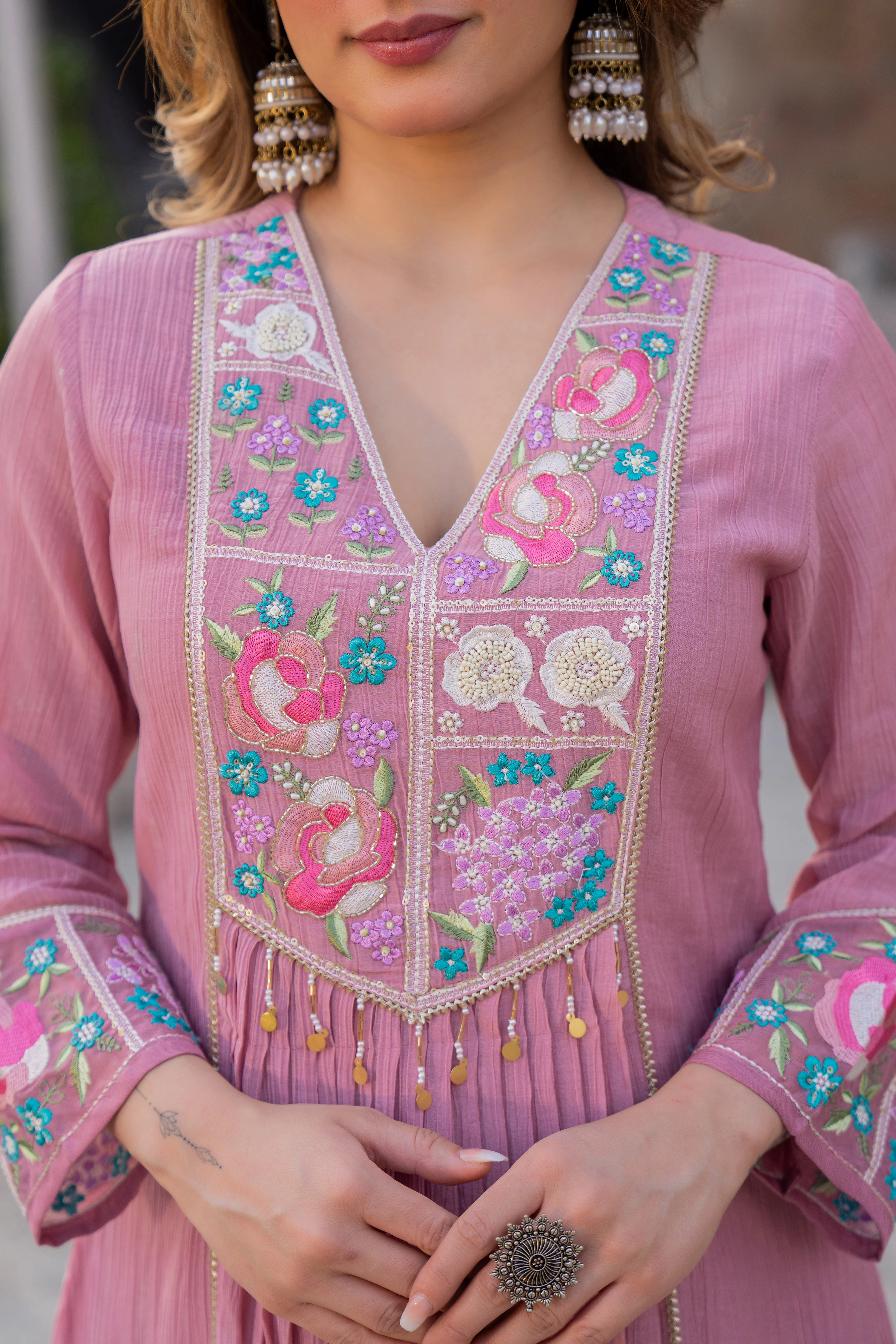 Rose Lilac Chanderi Embroidered Suit Set - Image 10