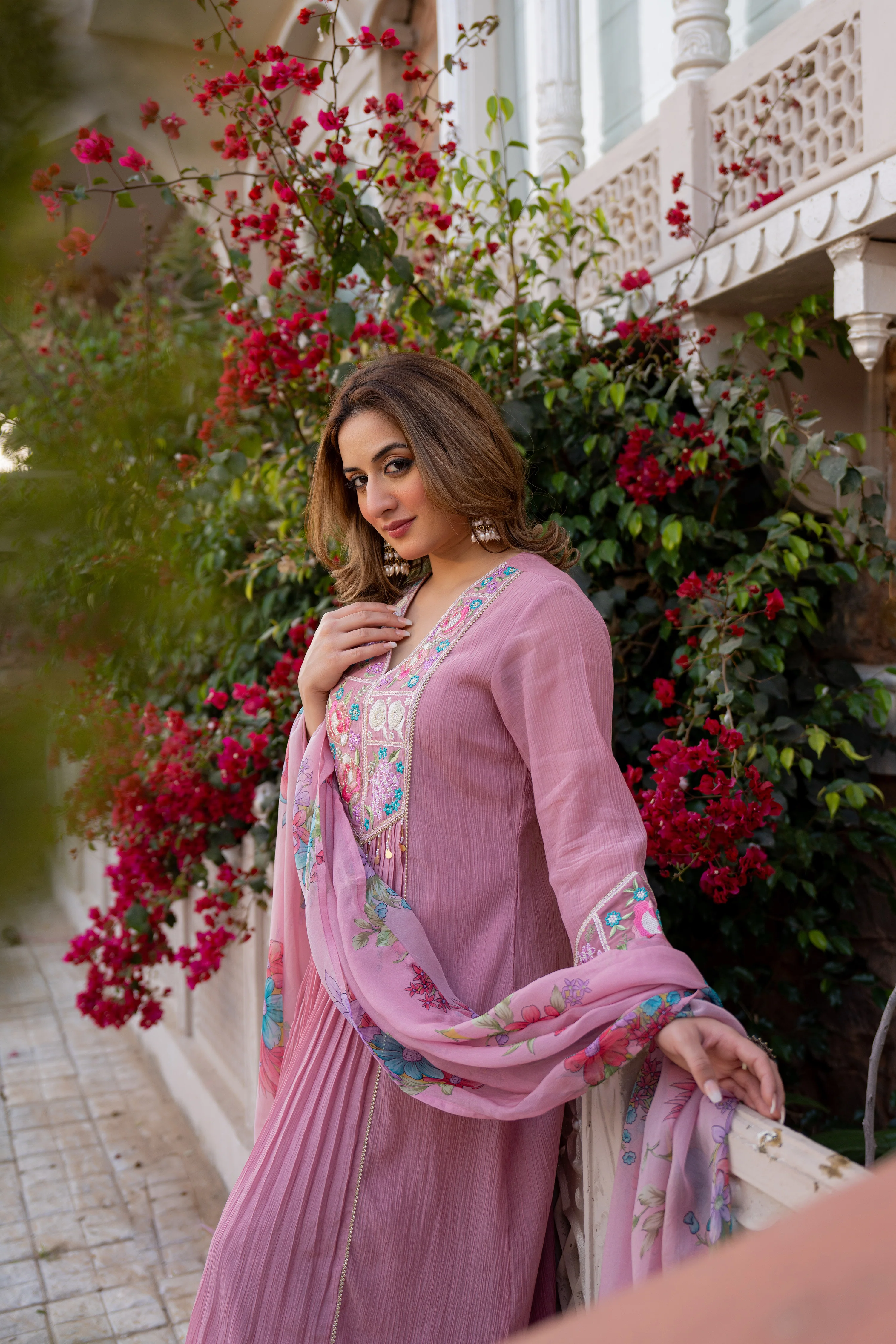 Rose Lilac Chanderi Embroidered Suit Set - Image 13