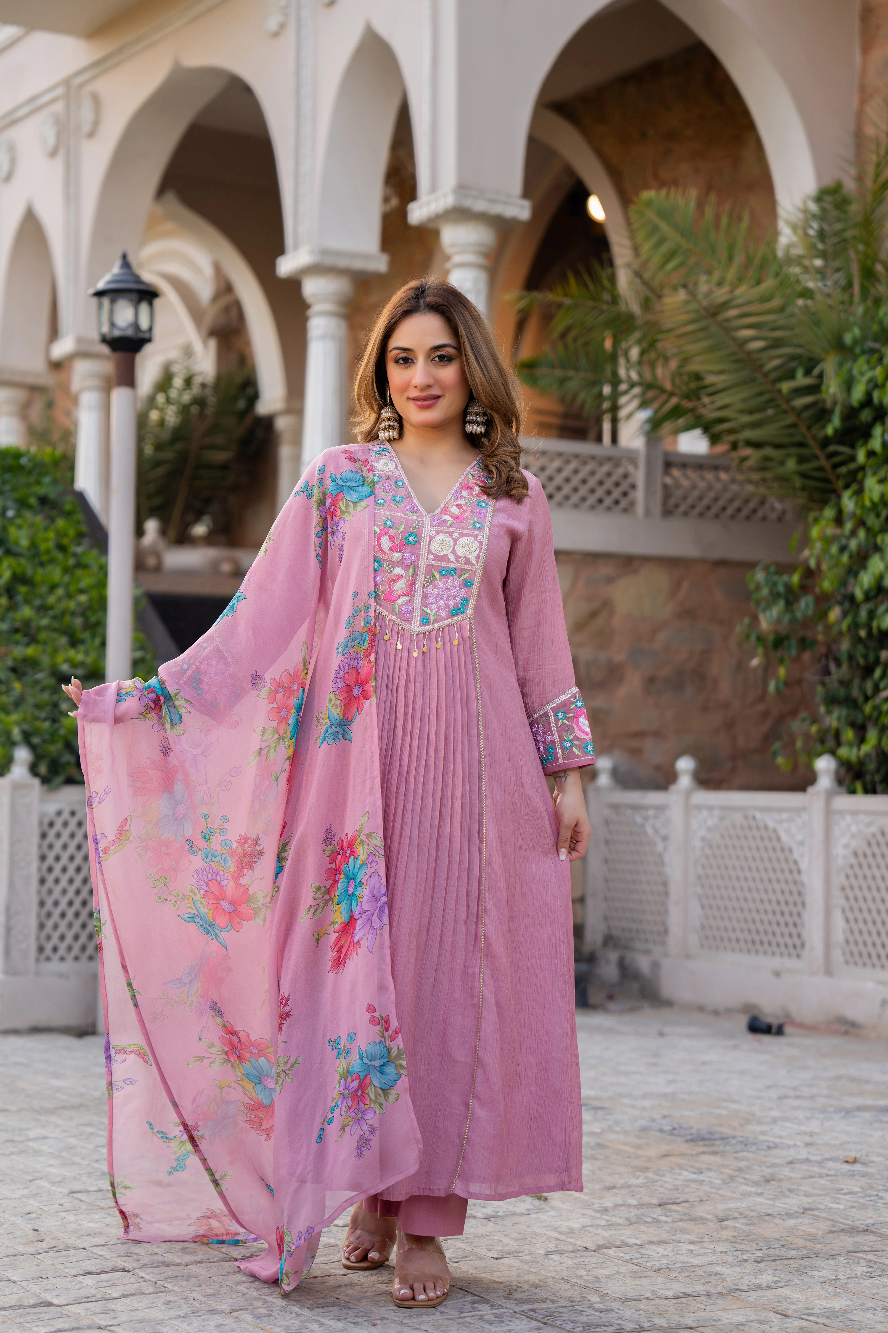 Rose Lilac Chanderi Embroidered Suit Set - Image 2