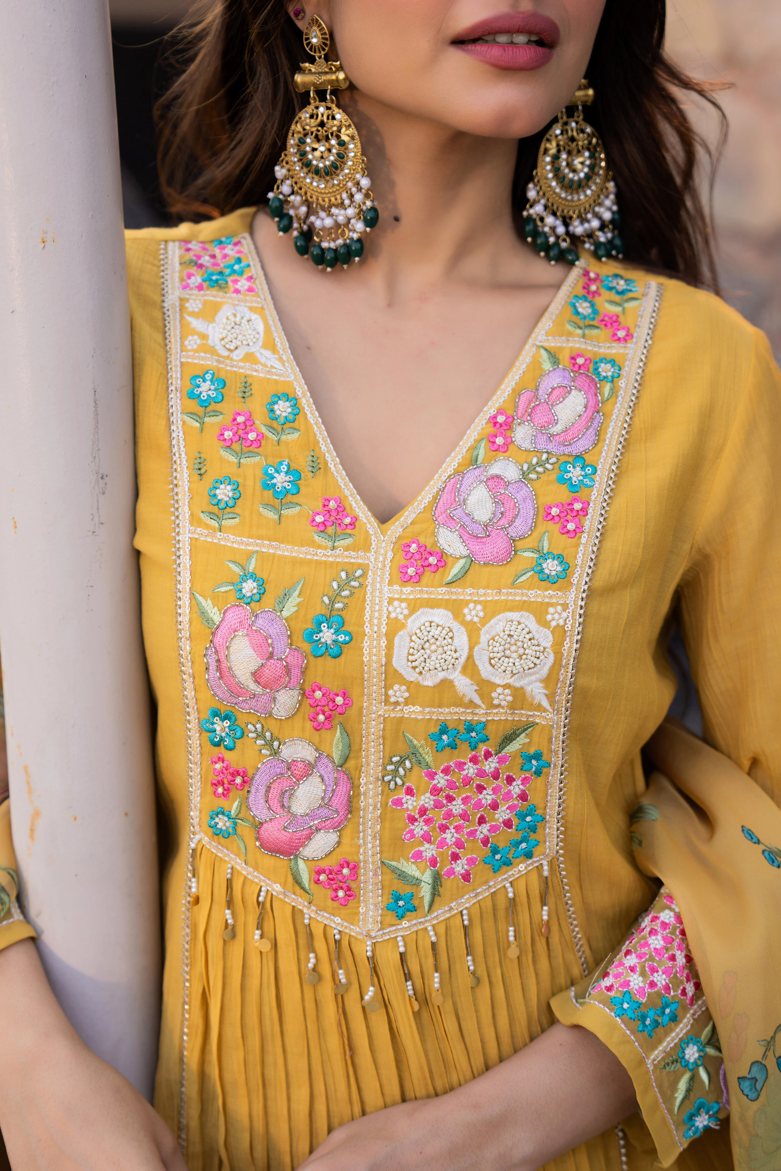 Mustard Yellow Chanderi Embroidered Suit Set - Image 16