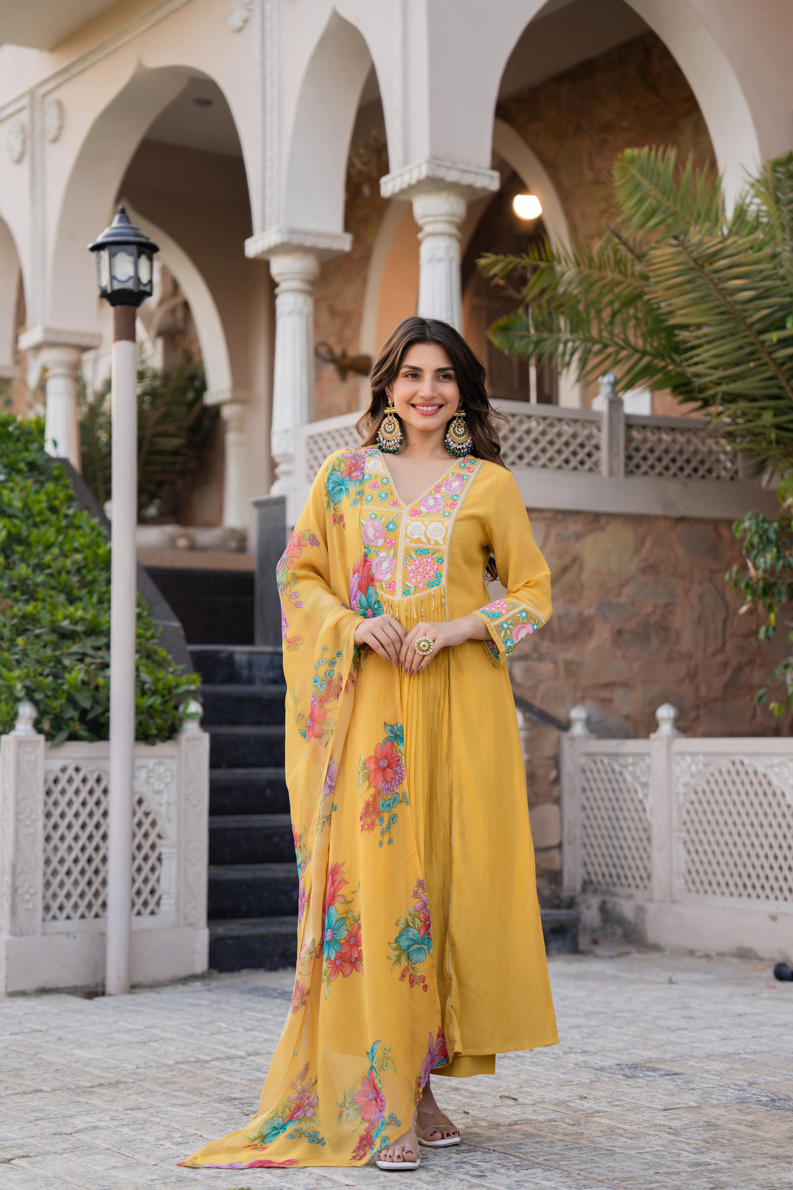 Mustard Yellow Chanderi Embroidered Suit Set - Image 2