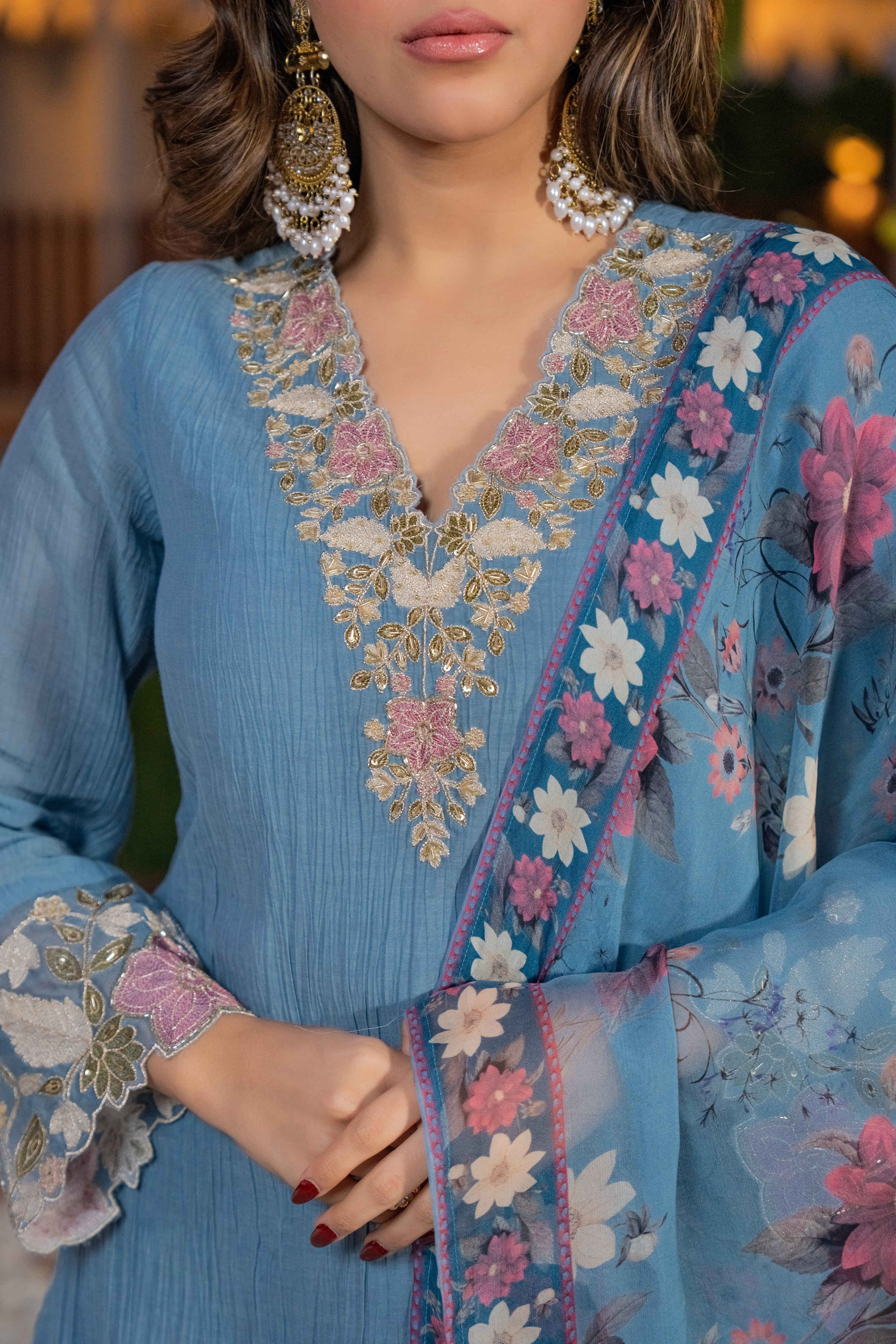 Powder Blue Crush Cotton  Embroidered Suit Set - Image 12
