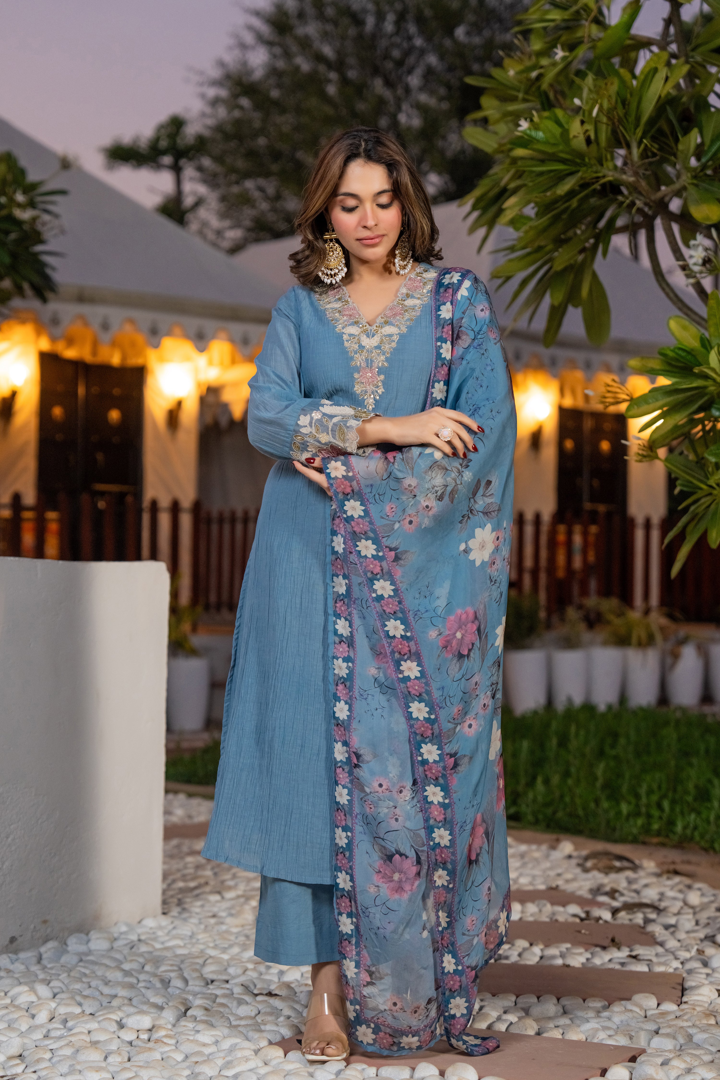 Powder Blue Crush Cotton  Embroidered Suit Set - Image 5