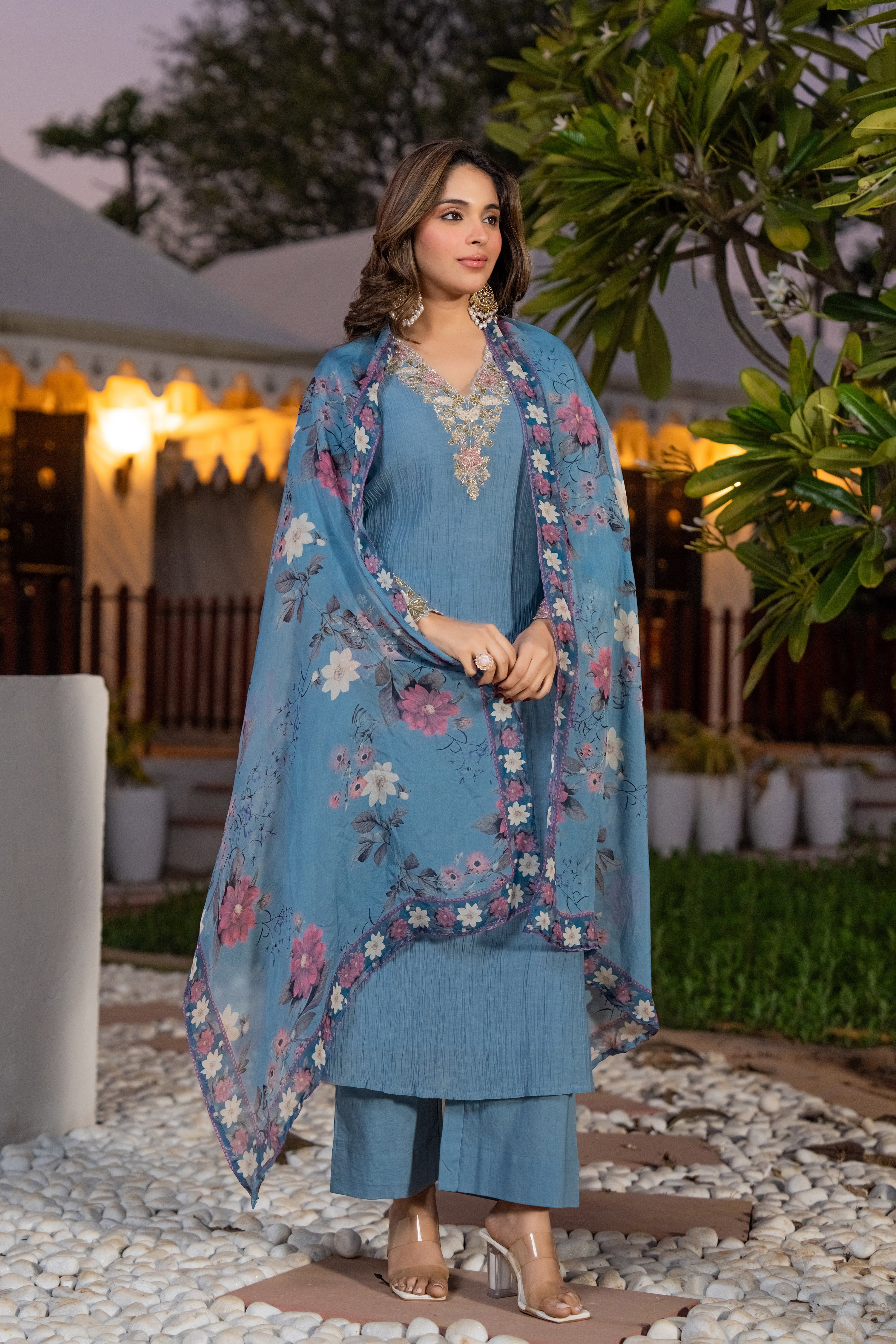 Powder Blue Crush Cotton  Embroidered Suit Set - Image 8