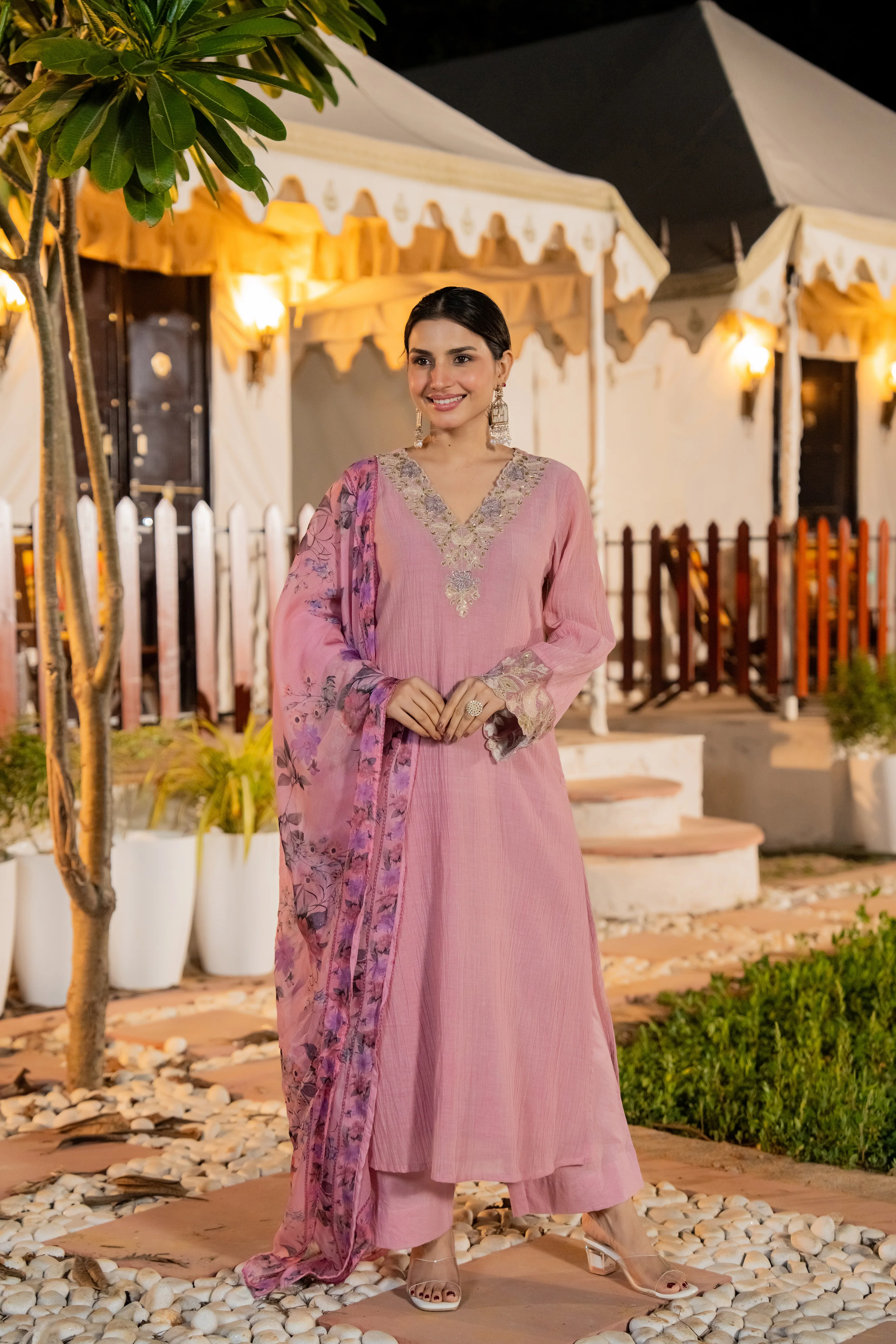 Blush Pink Chanderi Embroidered Suit Set - Image 2