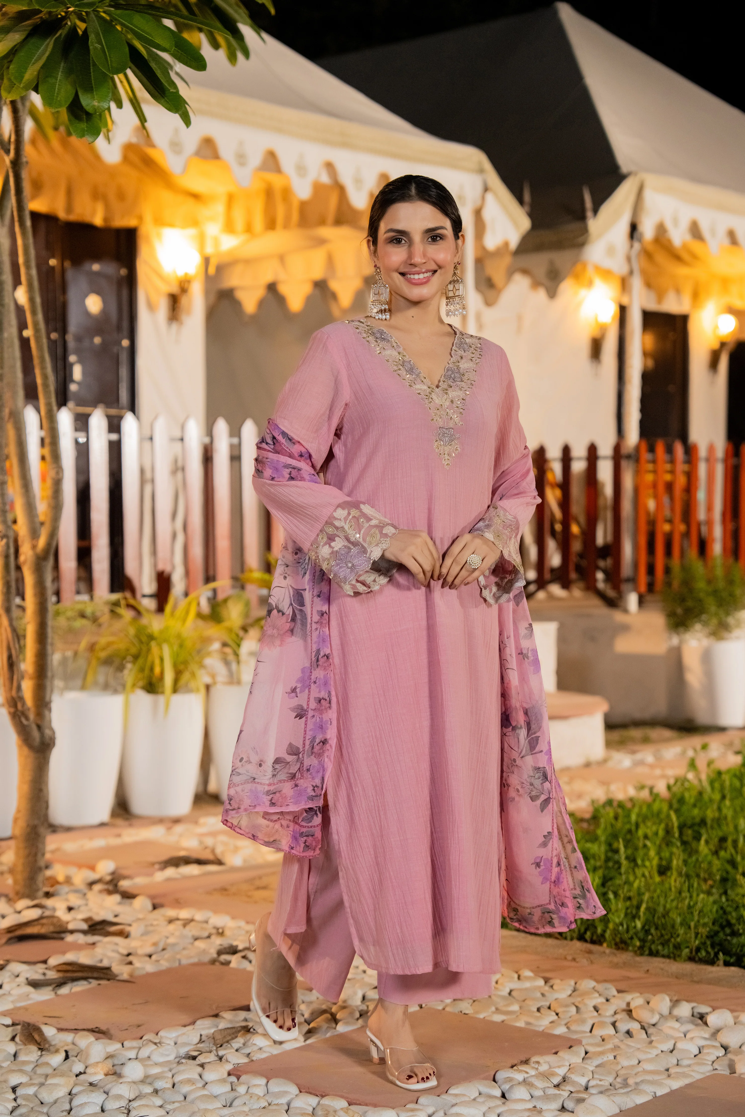 Blush Pink Chanderi Embroidered Suit Set - Image 4