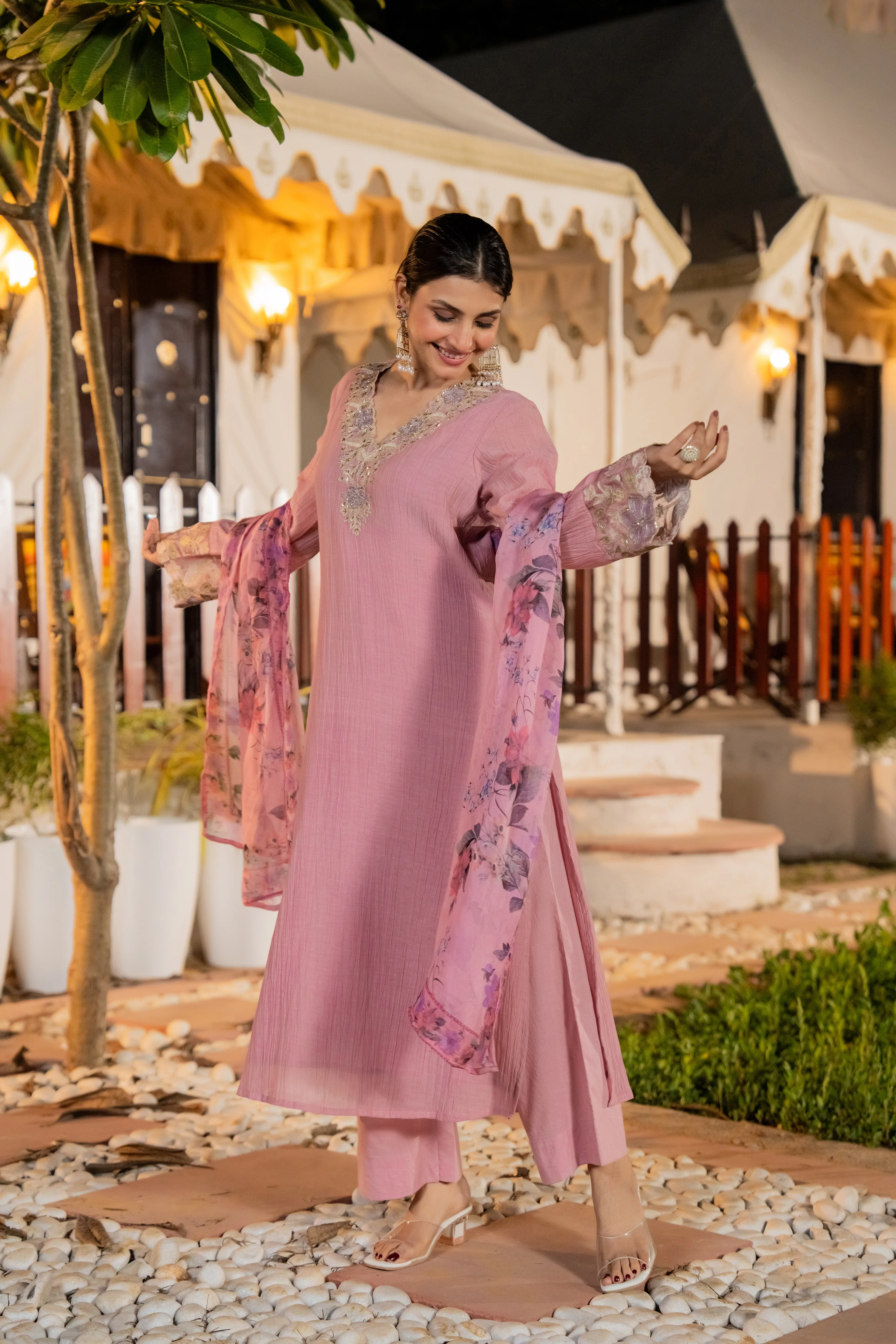 Blush Pink Chanderi Embroidered Suit Set - Image 6