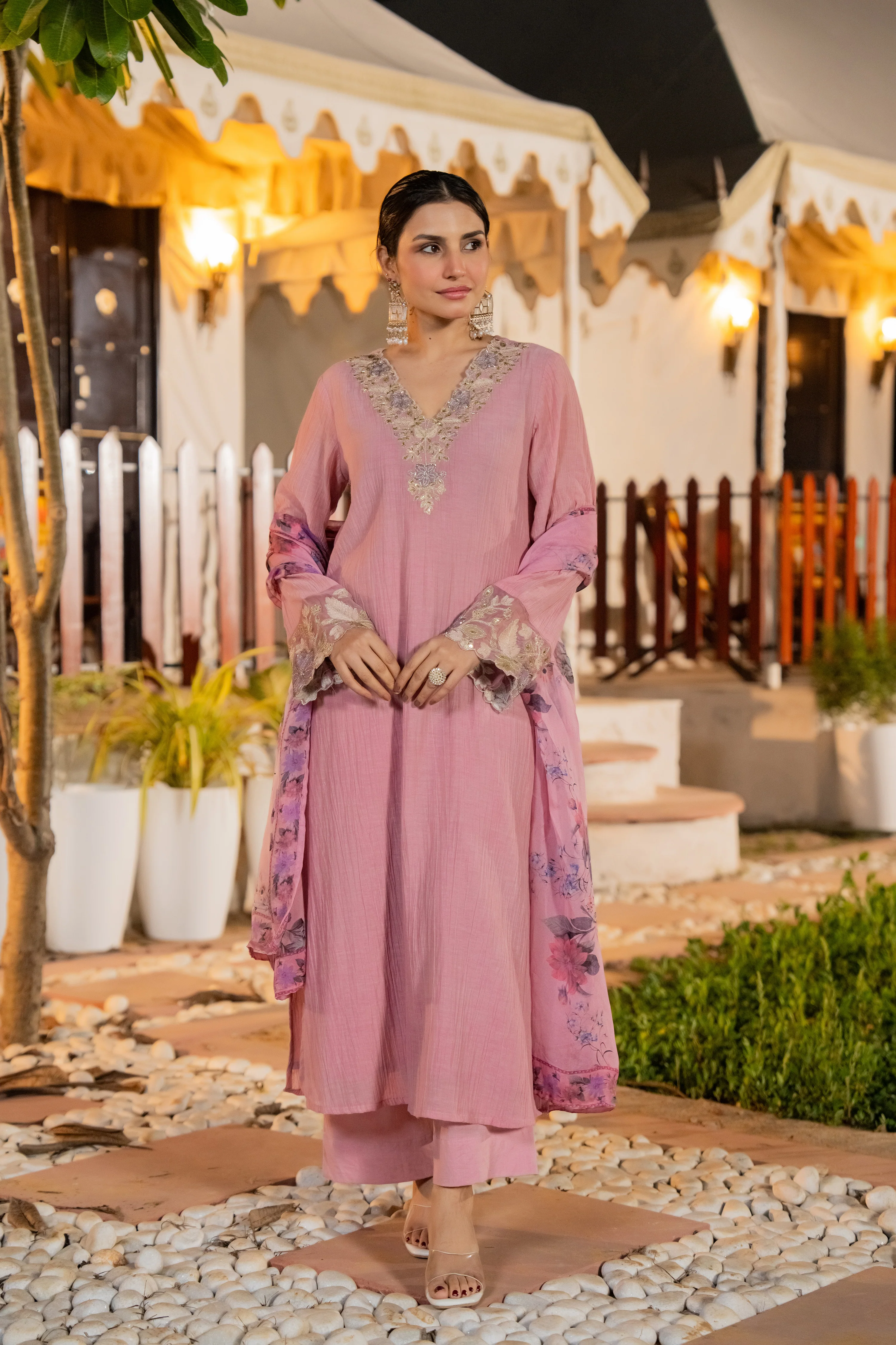 Blush Pink Chanderi Embroidered Suit Set - Image 7