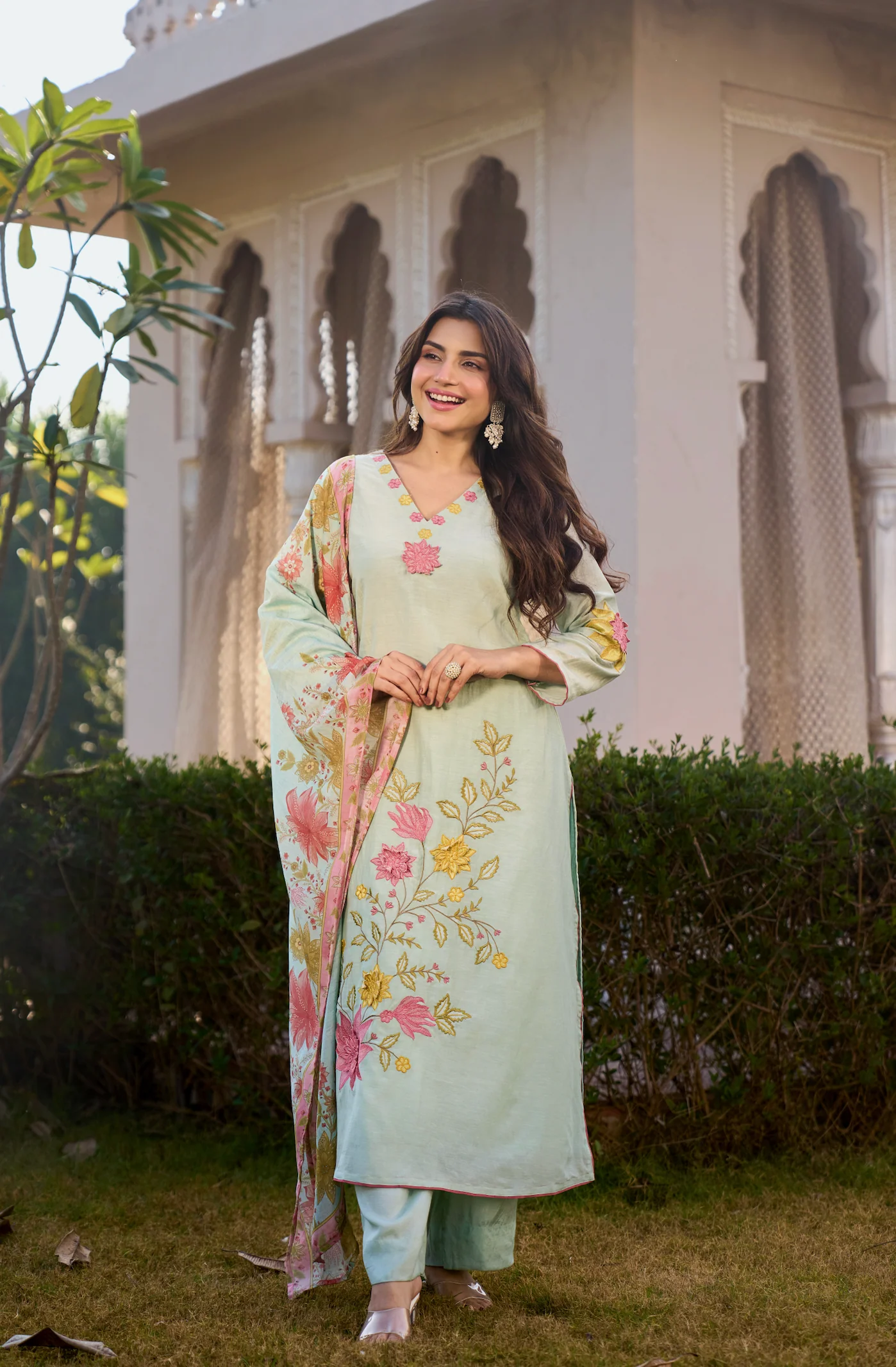Mint Blossom Chanderi Suit Set - Image 15