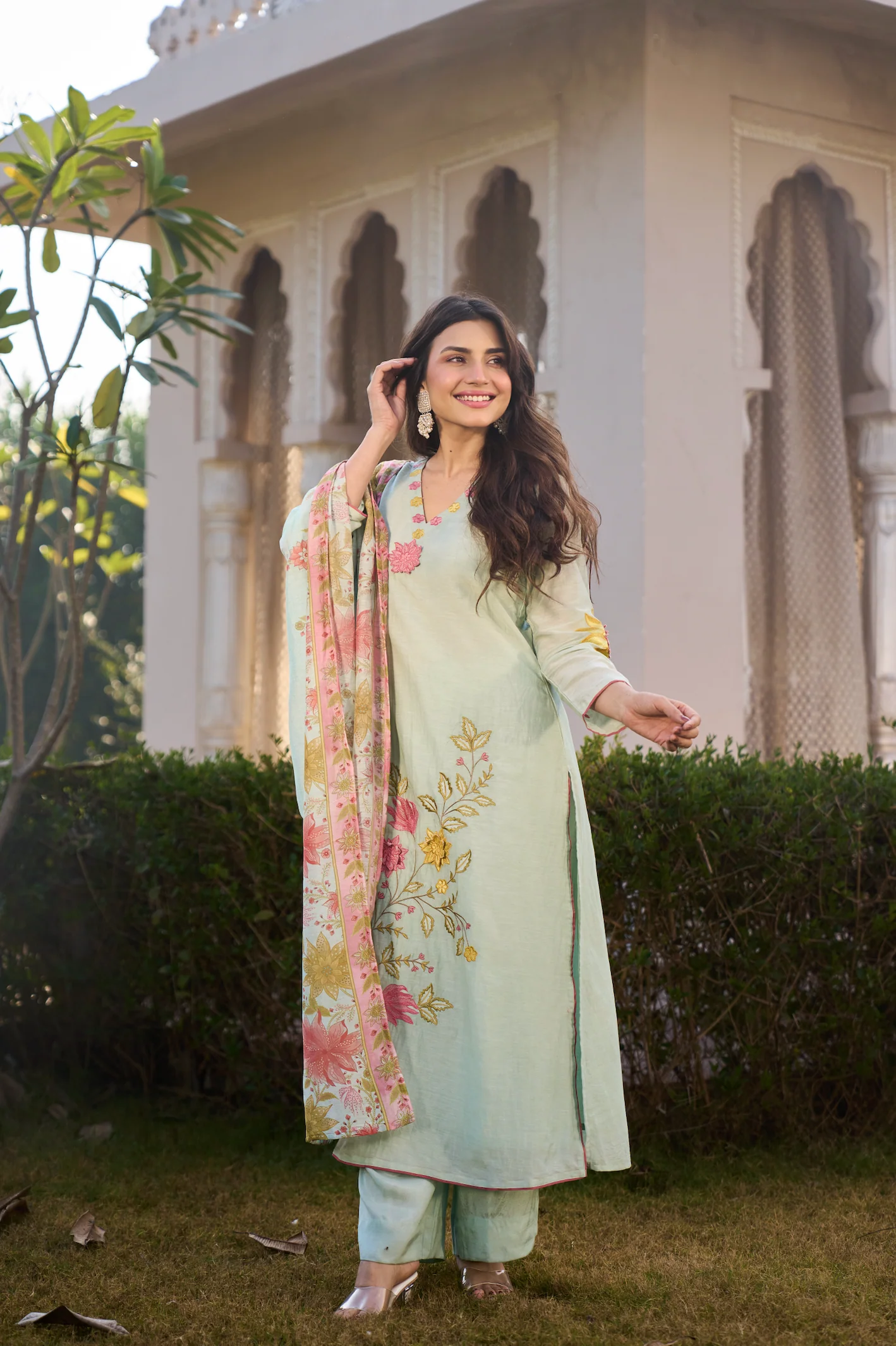 Mint Blossom Chanderi Suit Set - Image 2