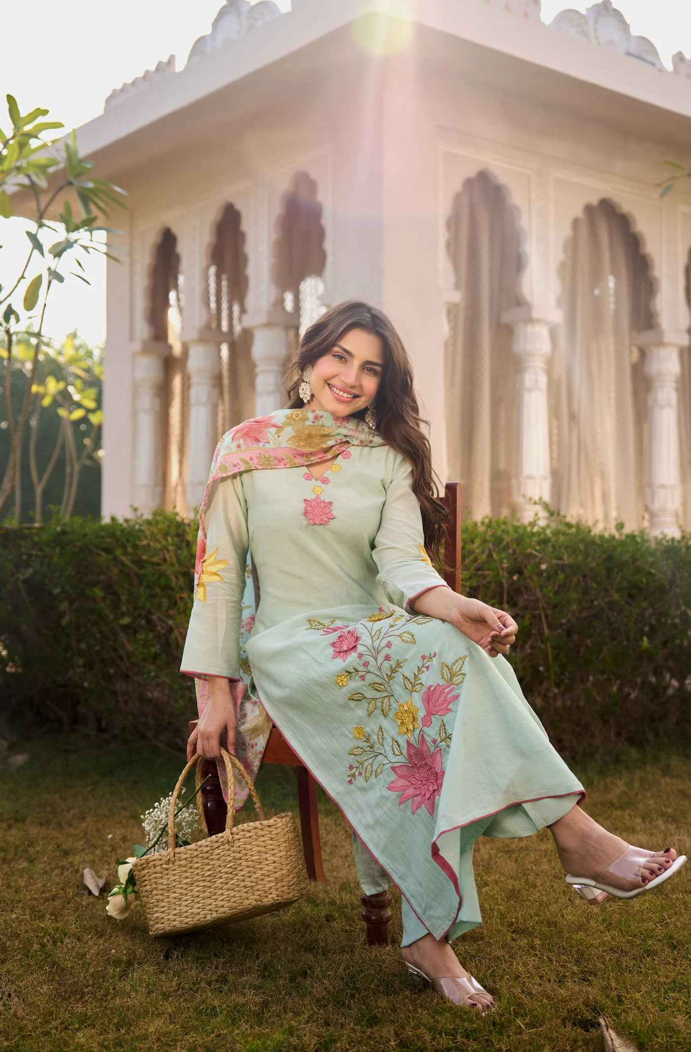 Mint Blossom Chanderi Suit Set - Image 3